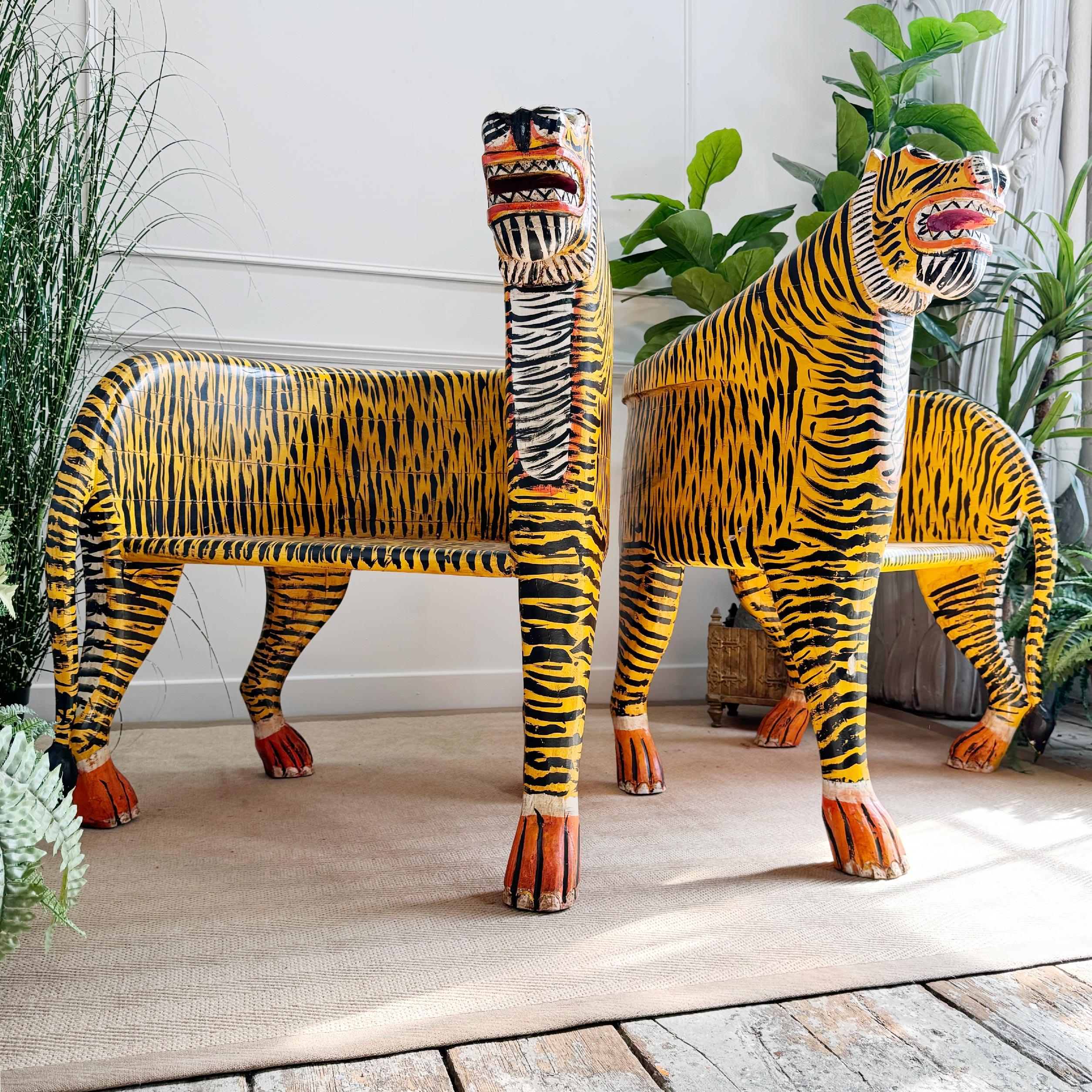 Pair of Indian Polychrome Tiger Throne Chairs For Sale 7