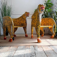 Pair of Indian Polychrome Tiger Throne Chairs