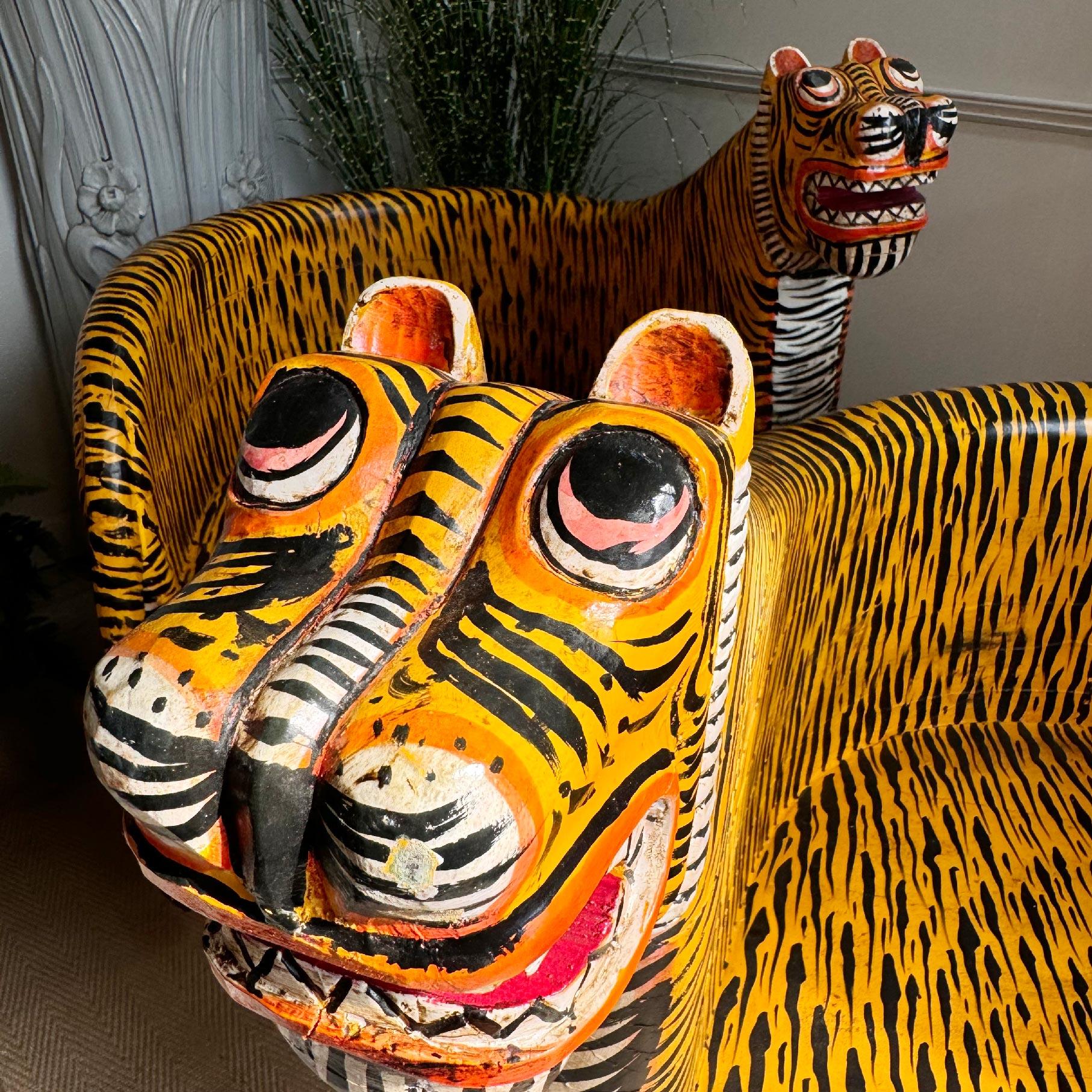 Hand-Crafted Pair of Indian Polychrome Tiger Throne Chairs For Sale