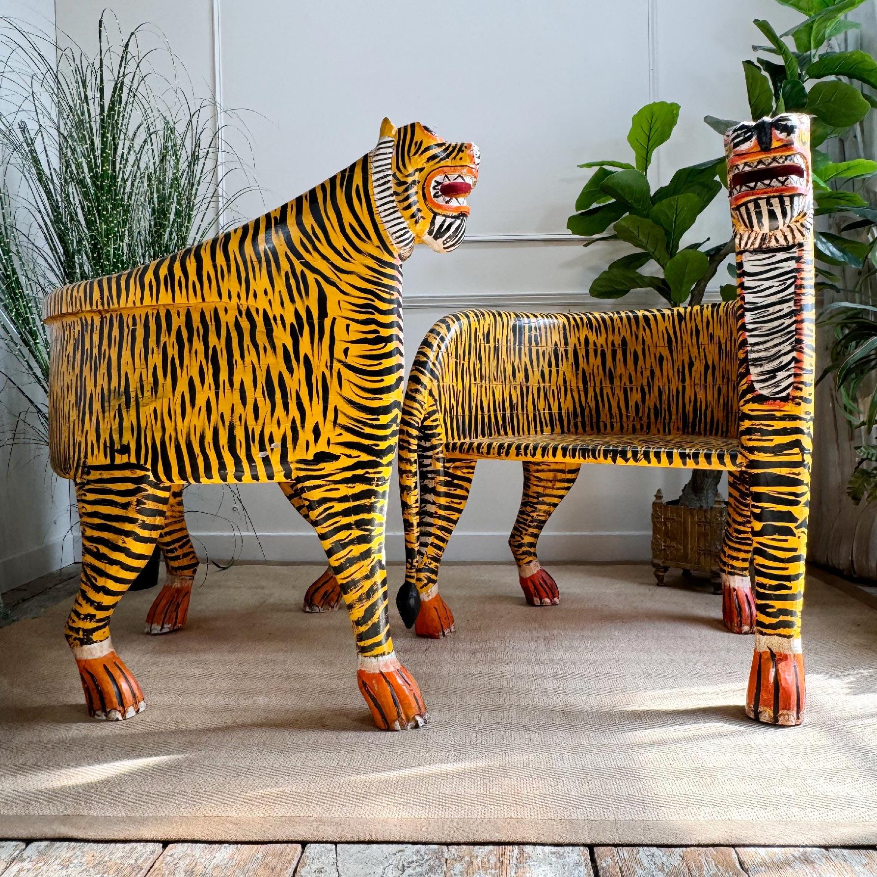 Pair of Indian Polychrome Tiger Throne Chairs In Good Condition For Sale In Hastings, GB