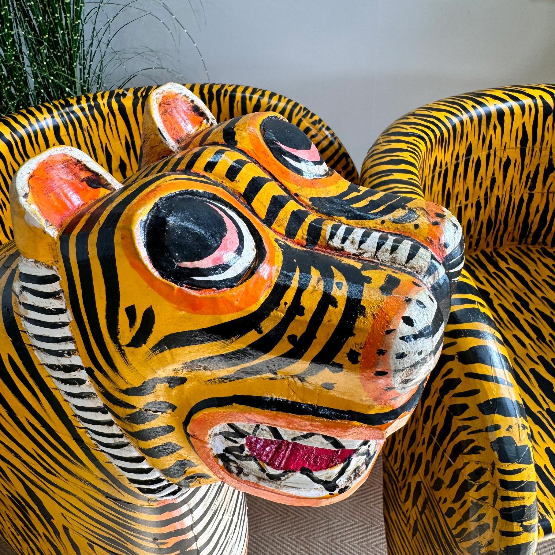 20th Century Pair of Indian Polychrome Tiger Throne Chairs For Sale