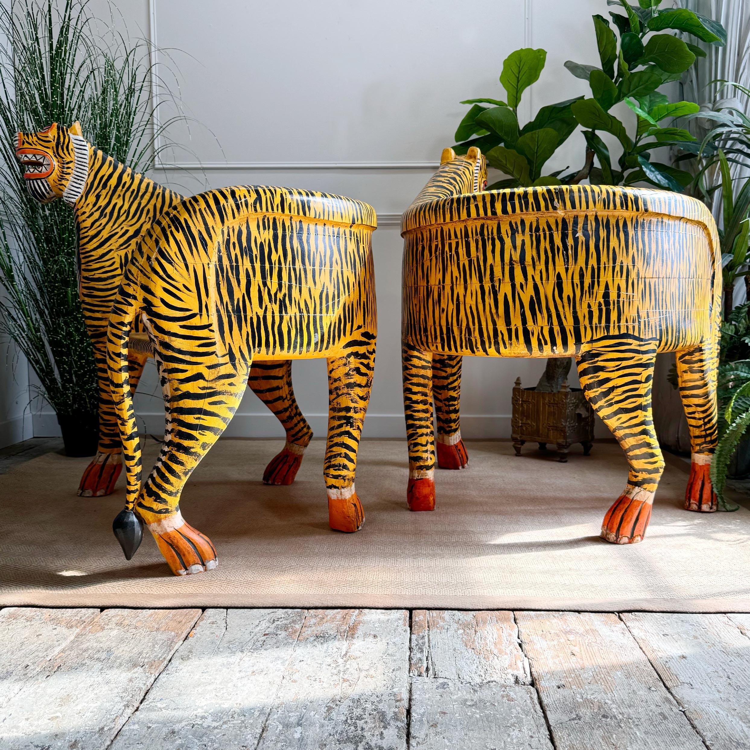 Wood Pair of Indian Polychrome Tiger Throne Chairs For Sale