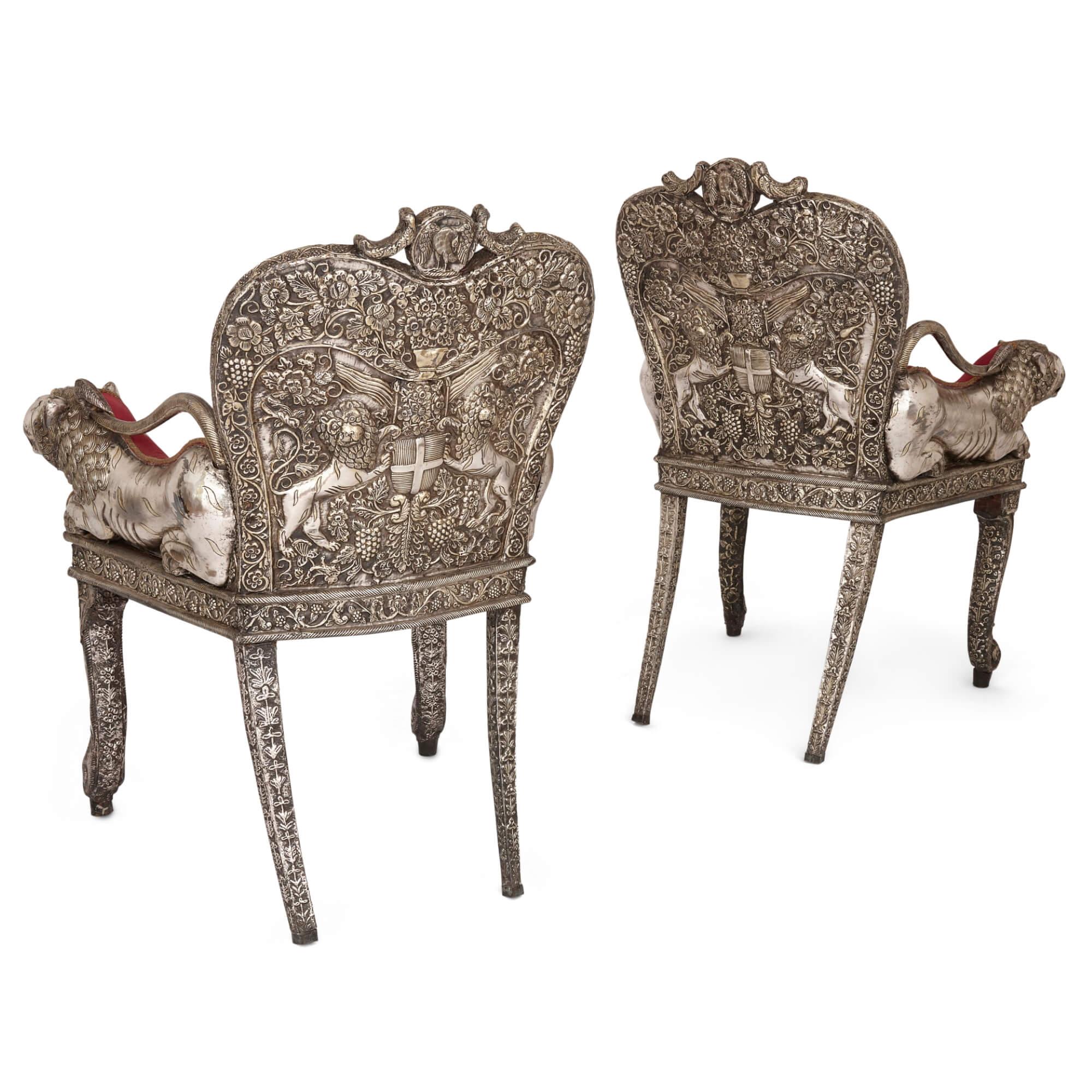 Anglo-Indian Pair of Indian Repoussé Silver Upholstered Chairs 