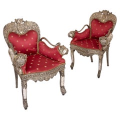 Pair of Indian Repoussé Silver Upholstered Chairs 