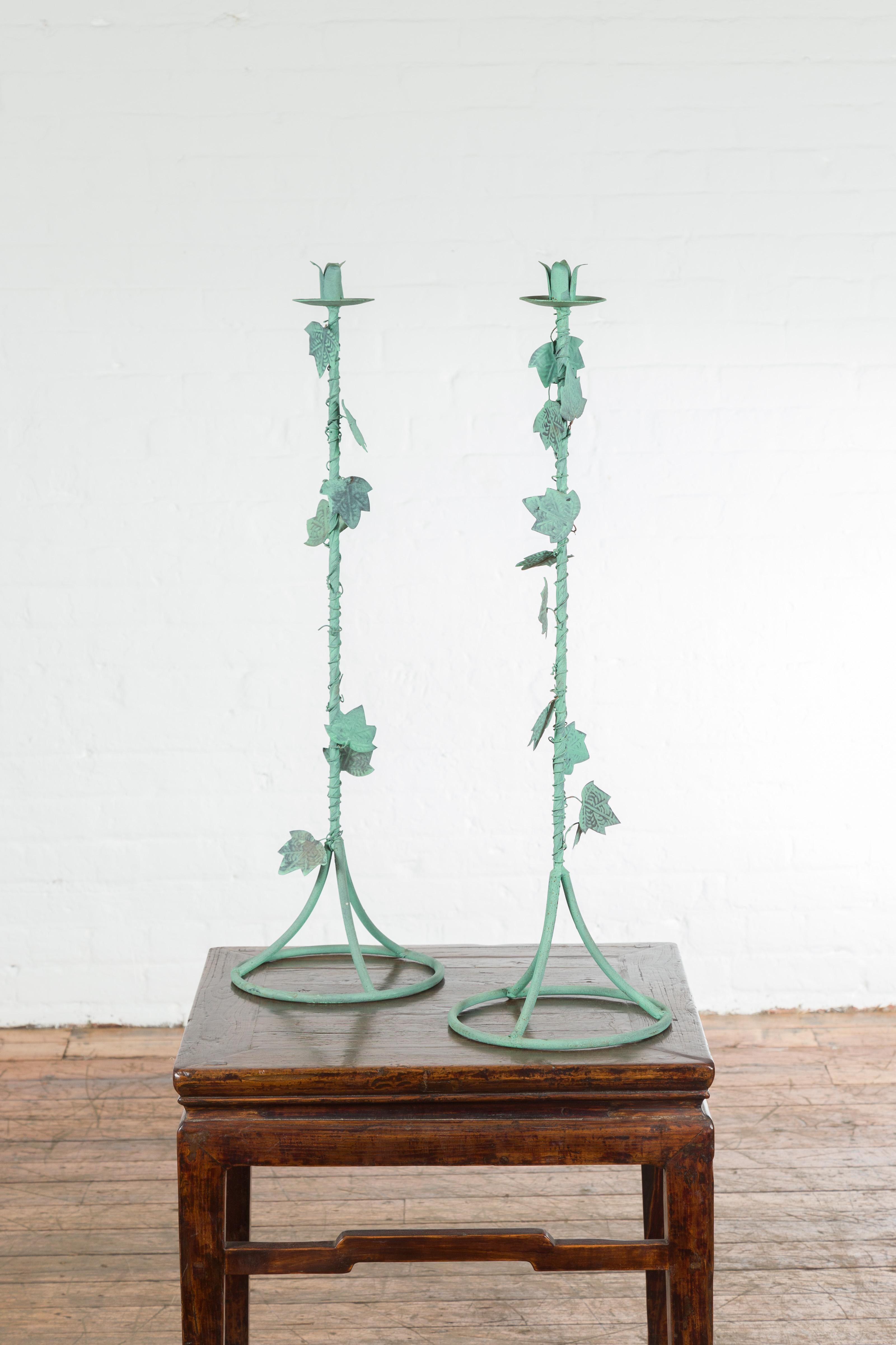 Patinated Pair of Indian Vintage Brass Candlesticks with Ivy Motifs and Verde Patina