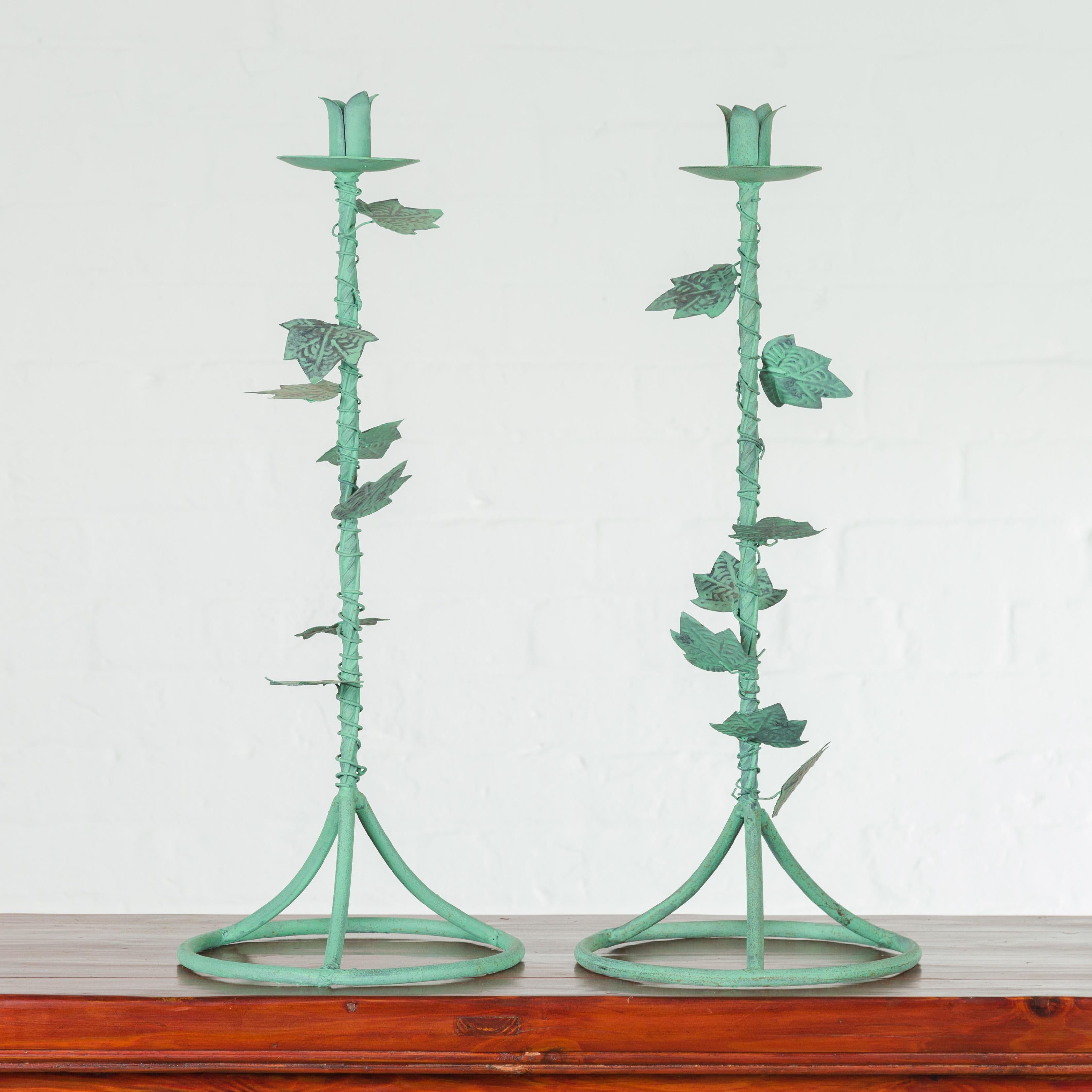 Patinated Pair of Indian Vintage Brass Candlesticks with Ivy Motifs and Verde Patina