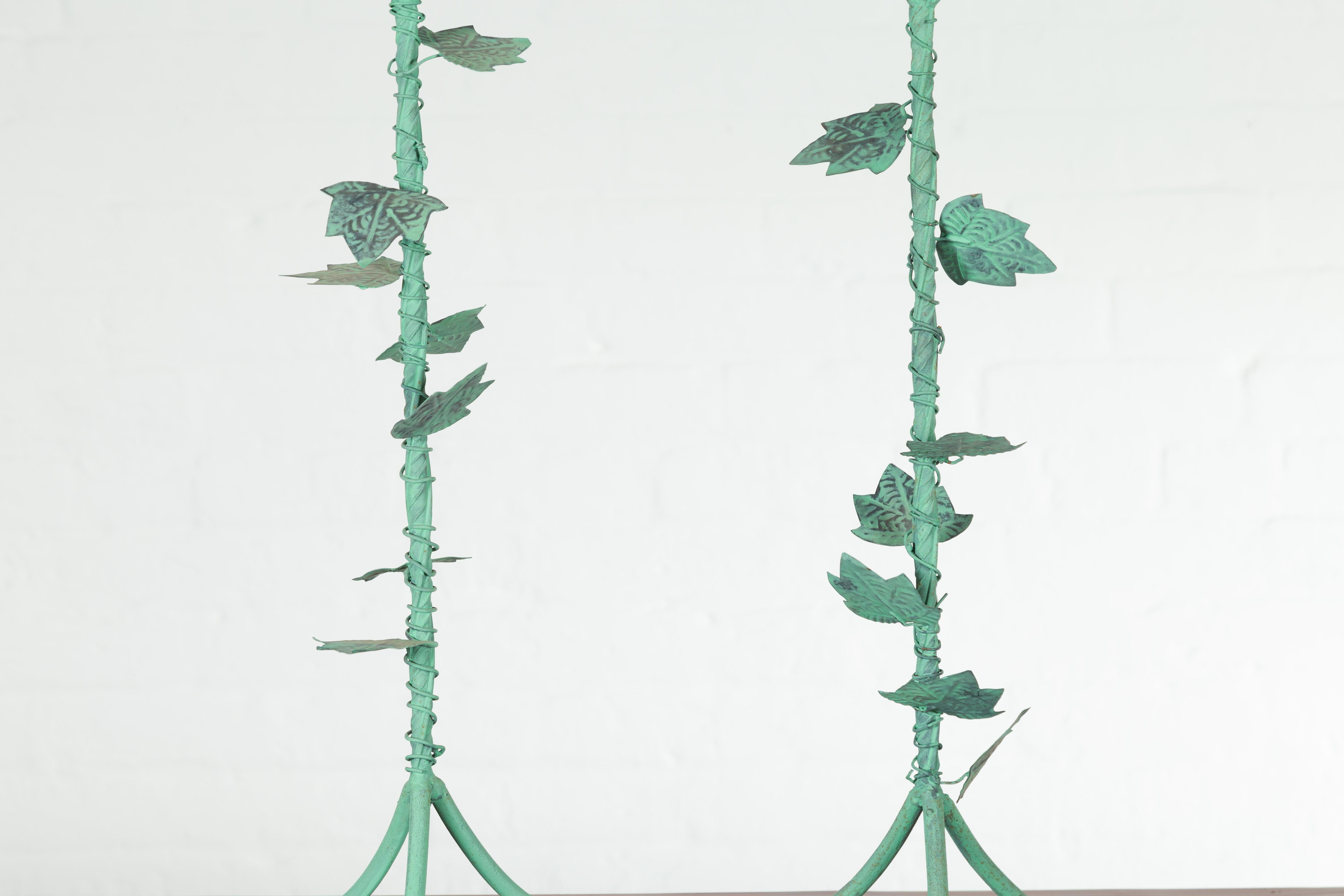 20th Century Pair of Indian Vintage Brass Candlesticks with Ivy Motifs and Verde Patina