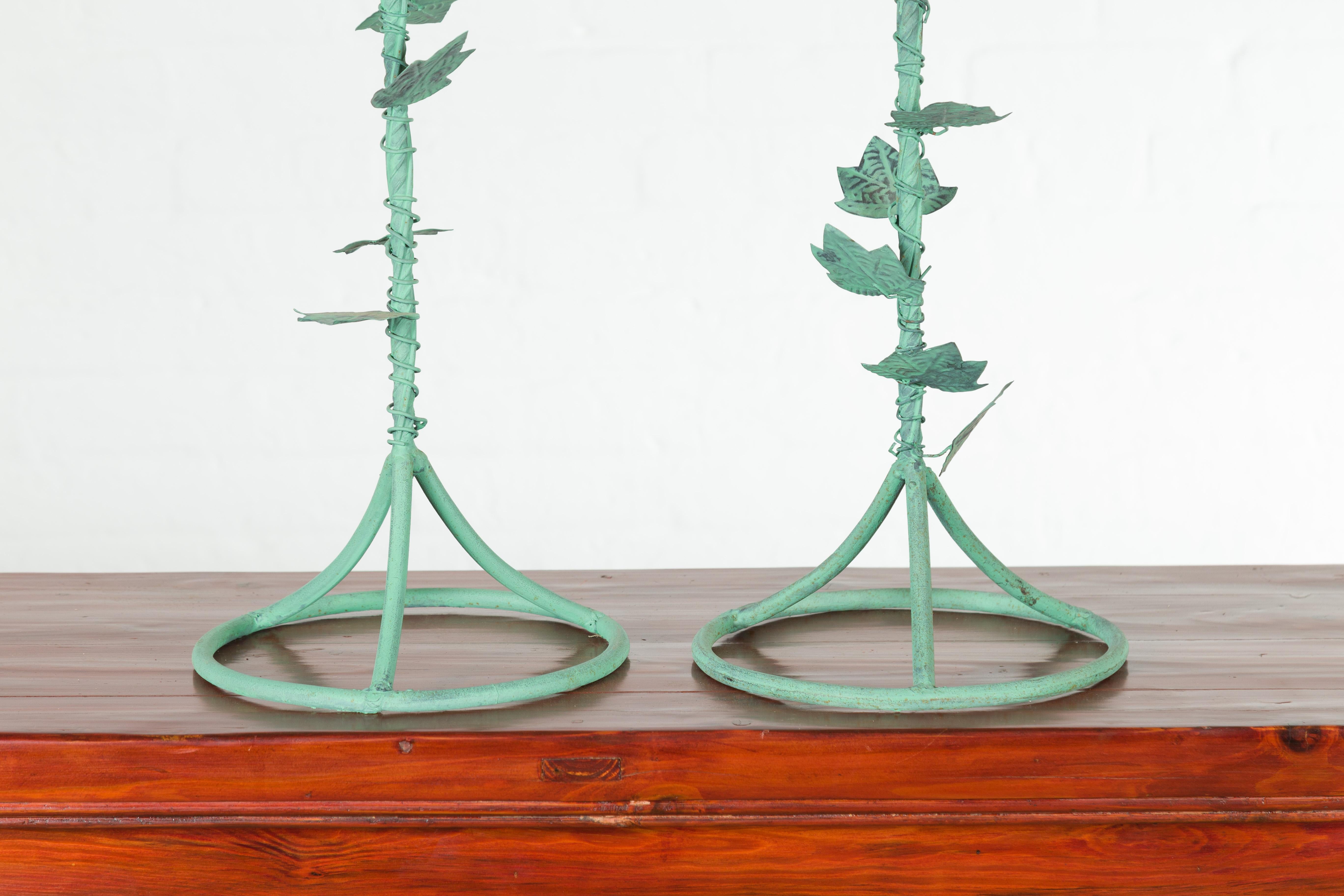 Pair of Indian Vintage Brass Candlesticks with Ivy Motifs and Verde Patina 1