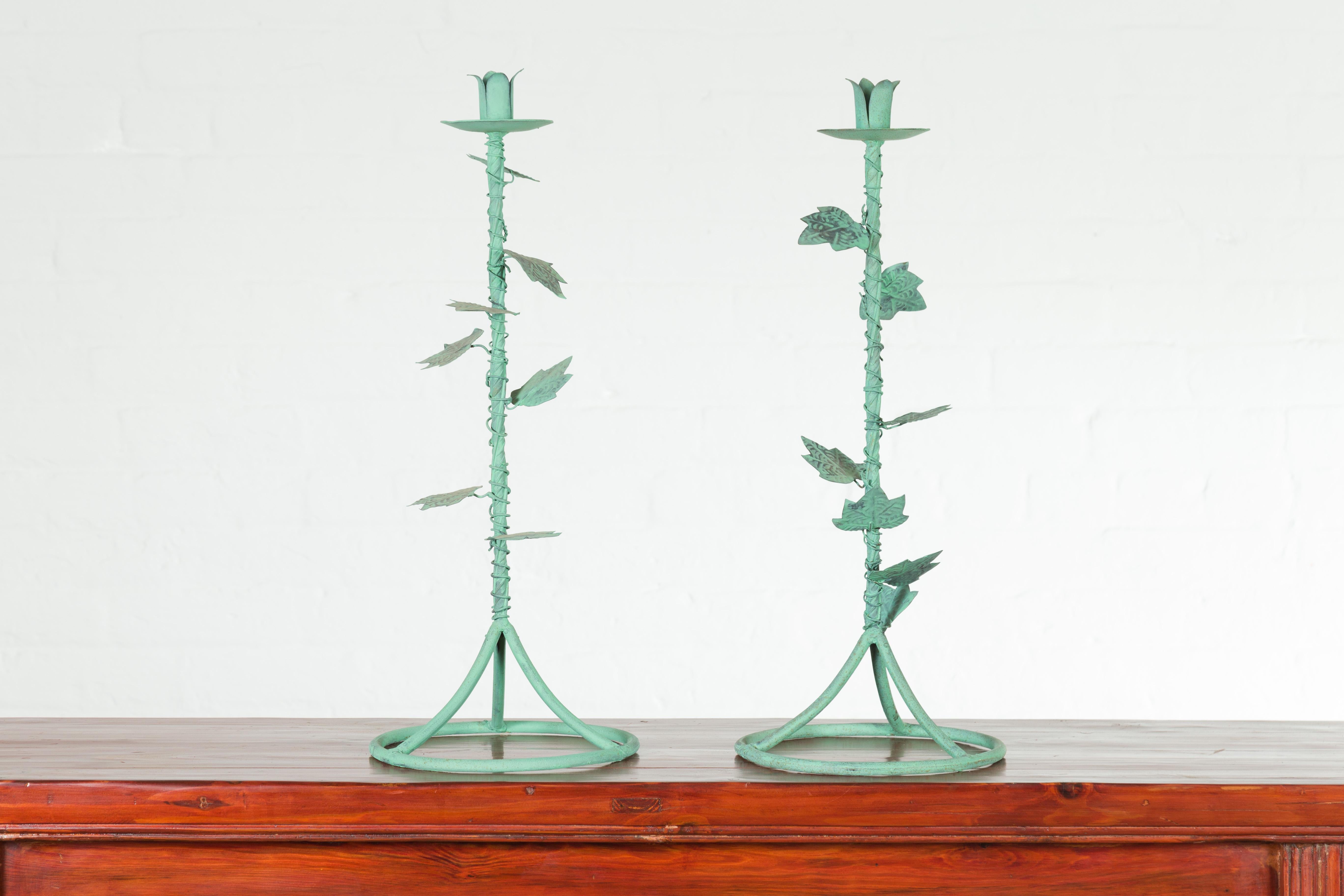 Pair of Indian Vintage Brass Candlesticks with Ivy Motifs and Verde Patina 2