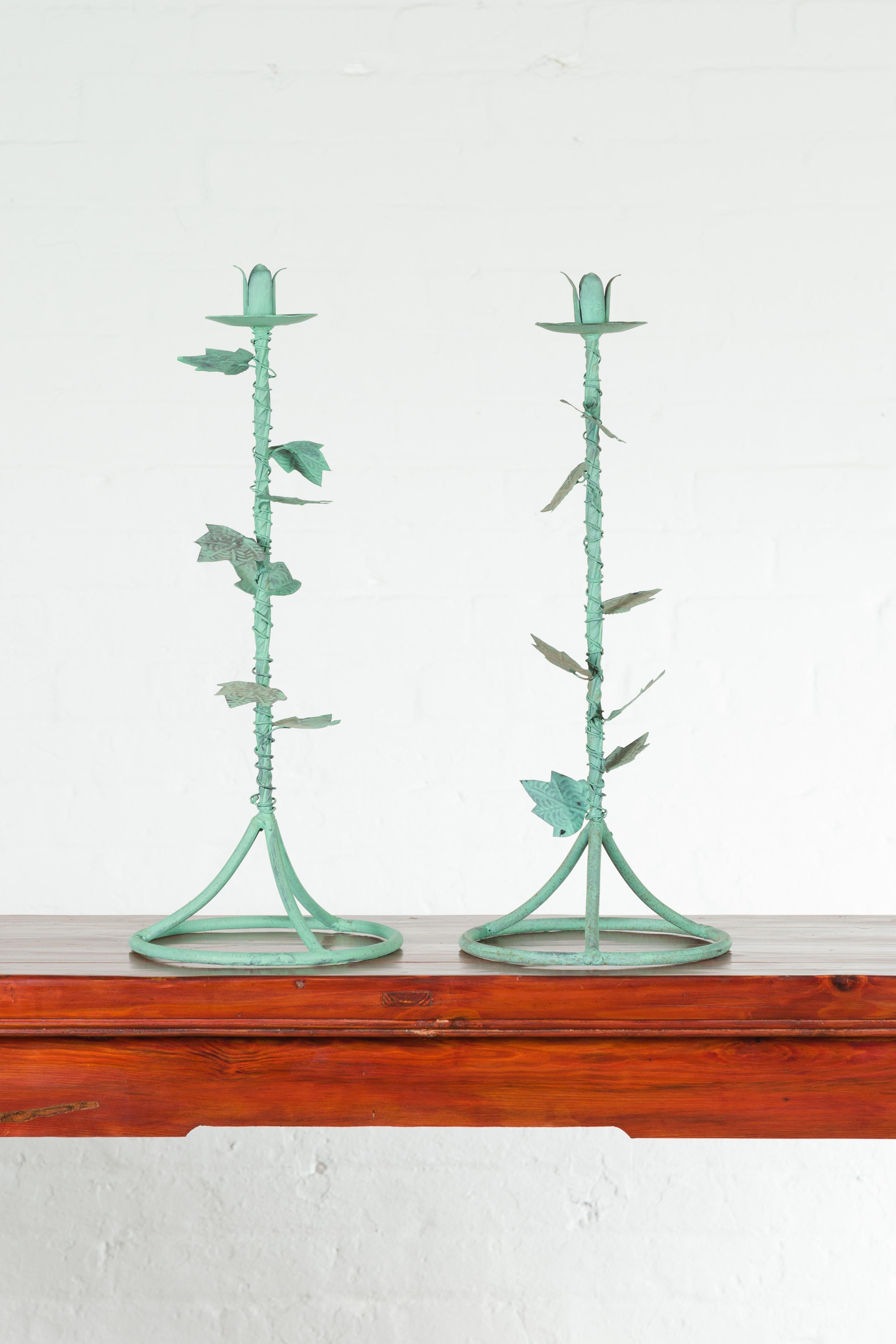 Pair of Indian Vintage Brass Candlesticks with Ivy Motifs and Verde Patina 3