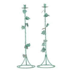 Pair of Indian Vintage Brass Candlesticks with Ivy Motifs and Verde Patina