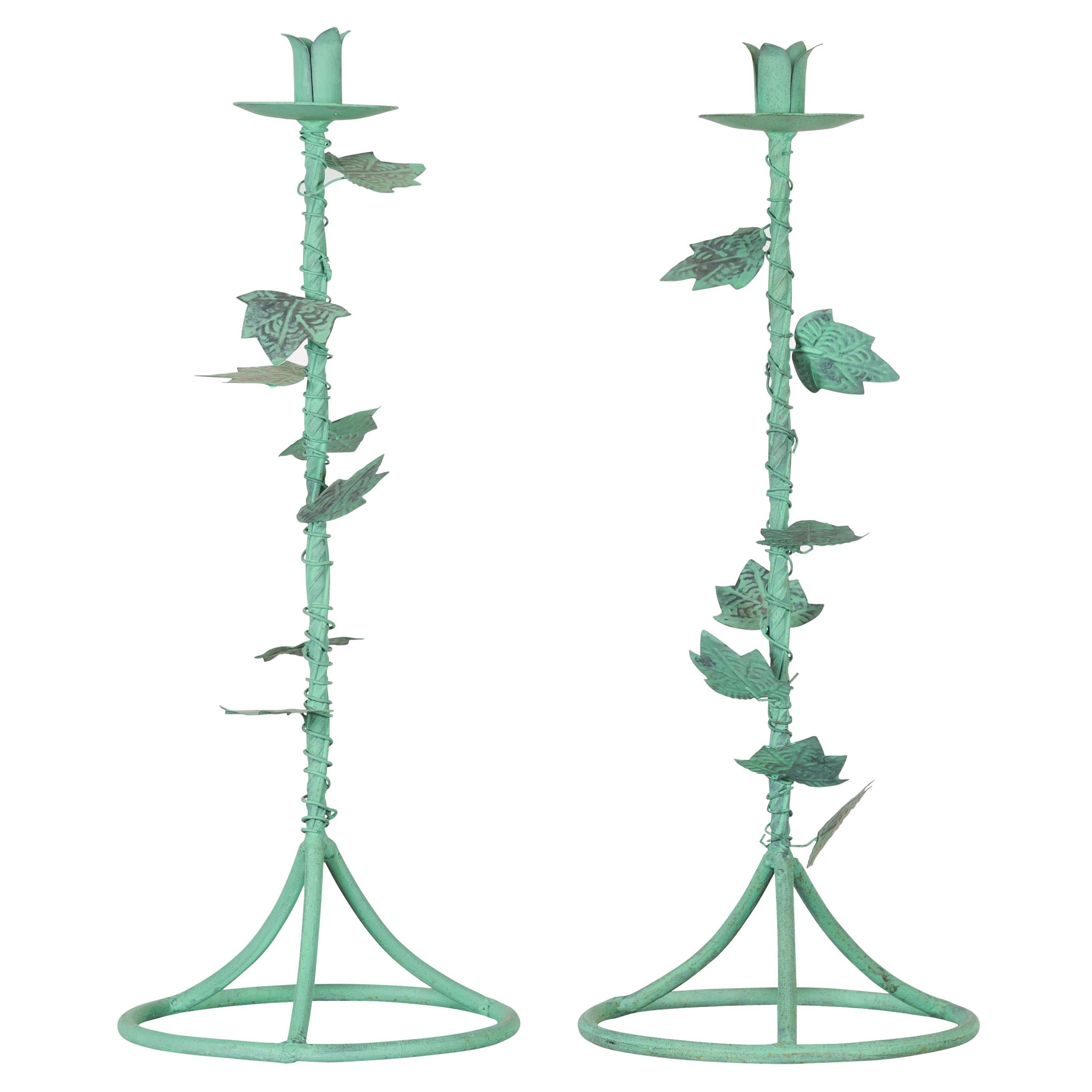 Pair of Indian Vintage Brass Candlesticks with Ivy Motifs and Verde Patina