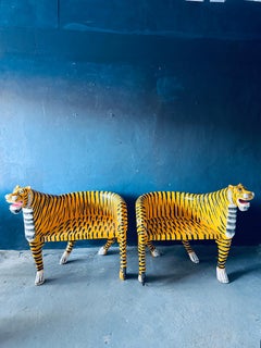 Pair of Indian Wooden Carved & Hand-Painted Tiger Chairs