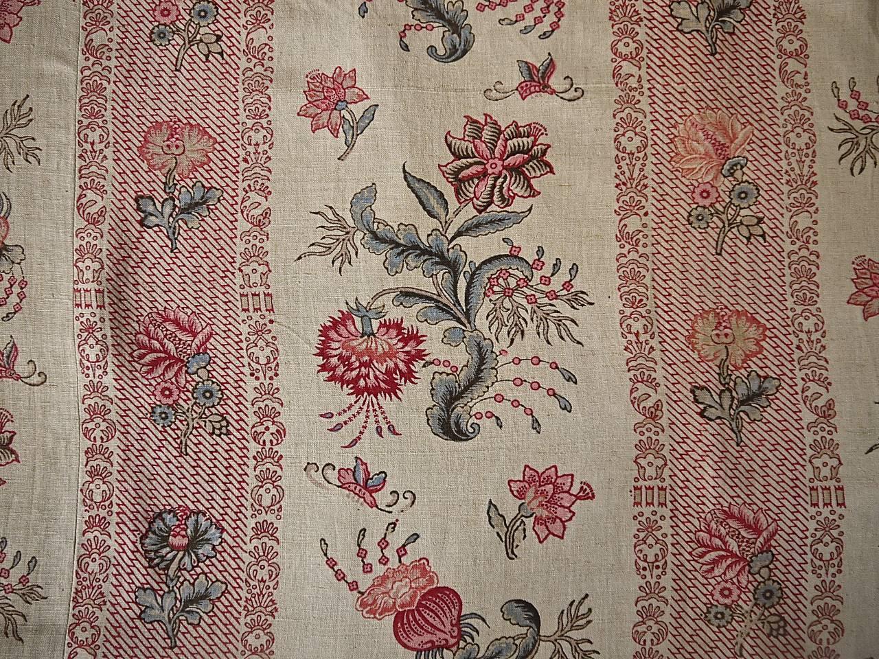 French Provincial Pair of Indienne Flower Linen Curtains 19th Century French Antique