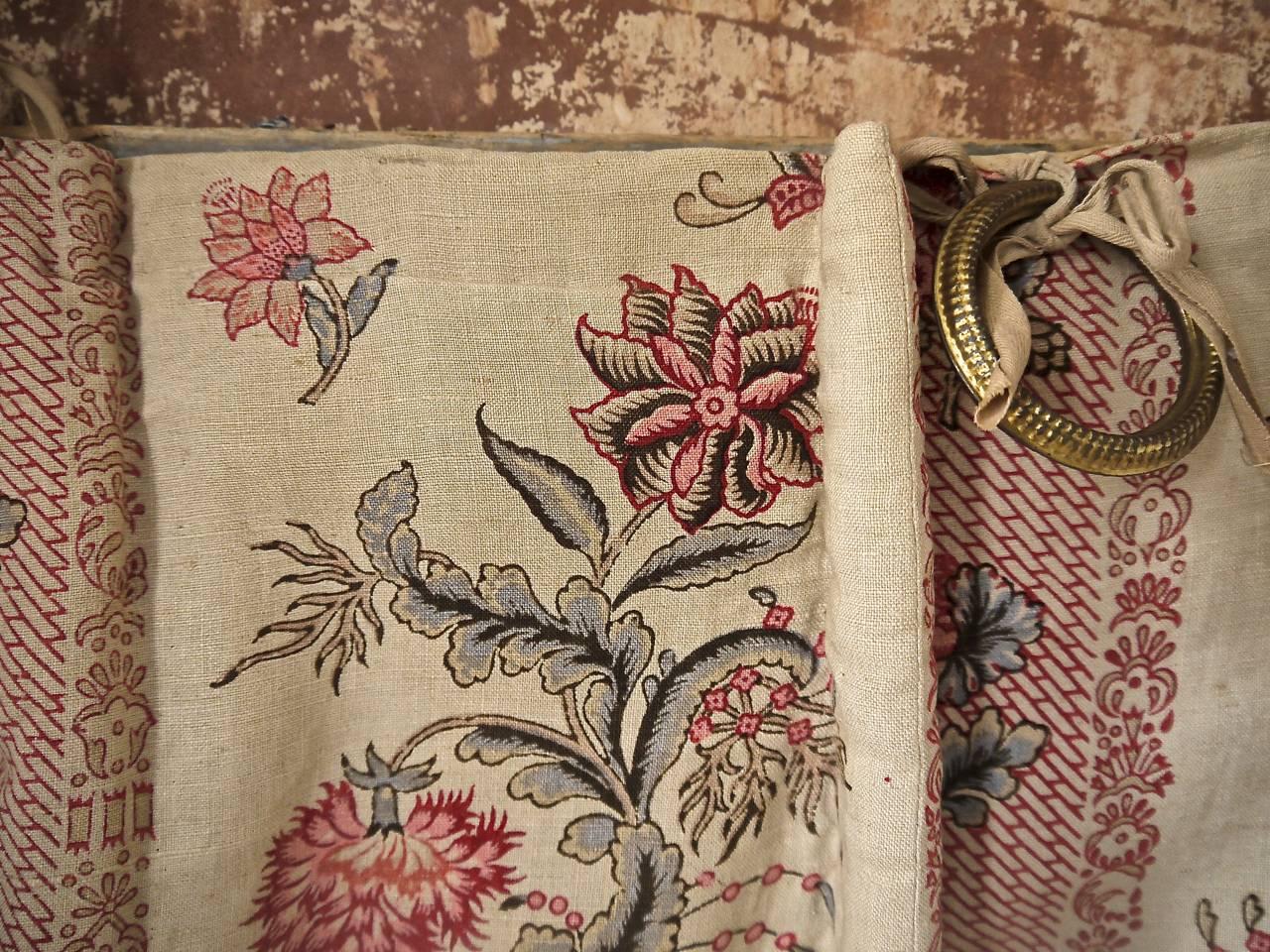 Pair of Indienne Flower Linen Curtains 19th Century French Antique 2