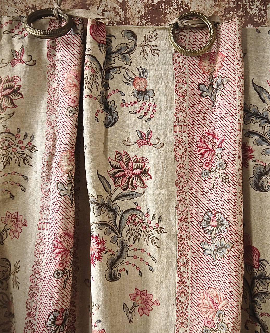 Pair of Indienne Flower Linen Curtains 19th Century French Antique 3