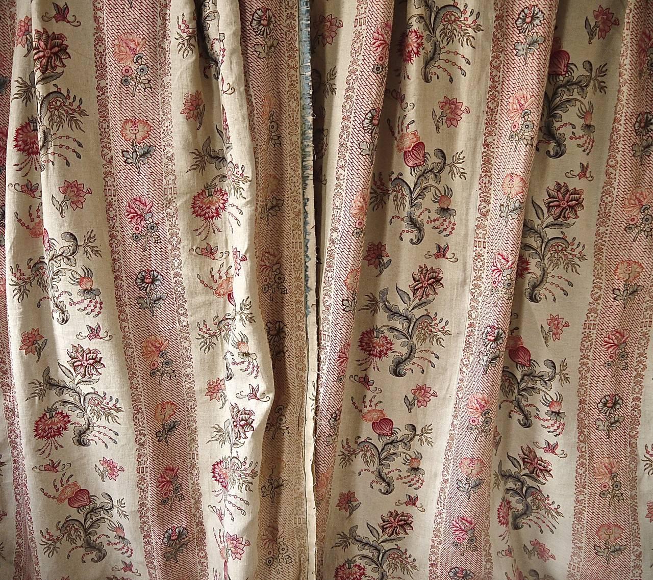 Pair of Indienne Flower Linen Curtains 19th Century French Antique 5