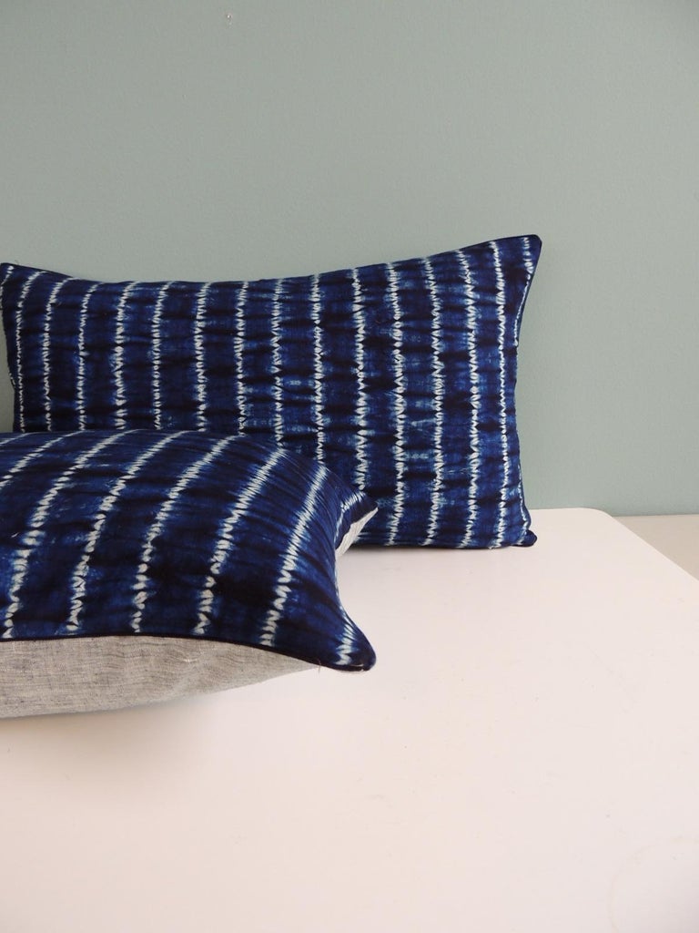 Pair of Indigo and White Stripes Lumbar Decorative Pillows For Sale at