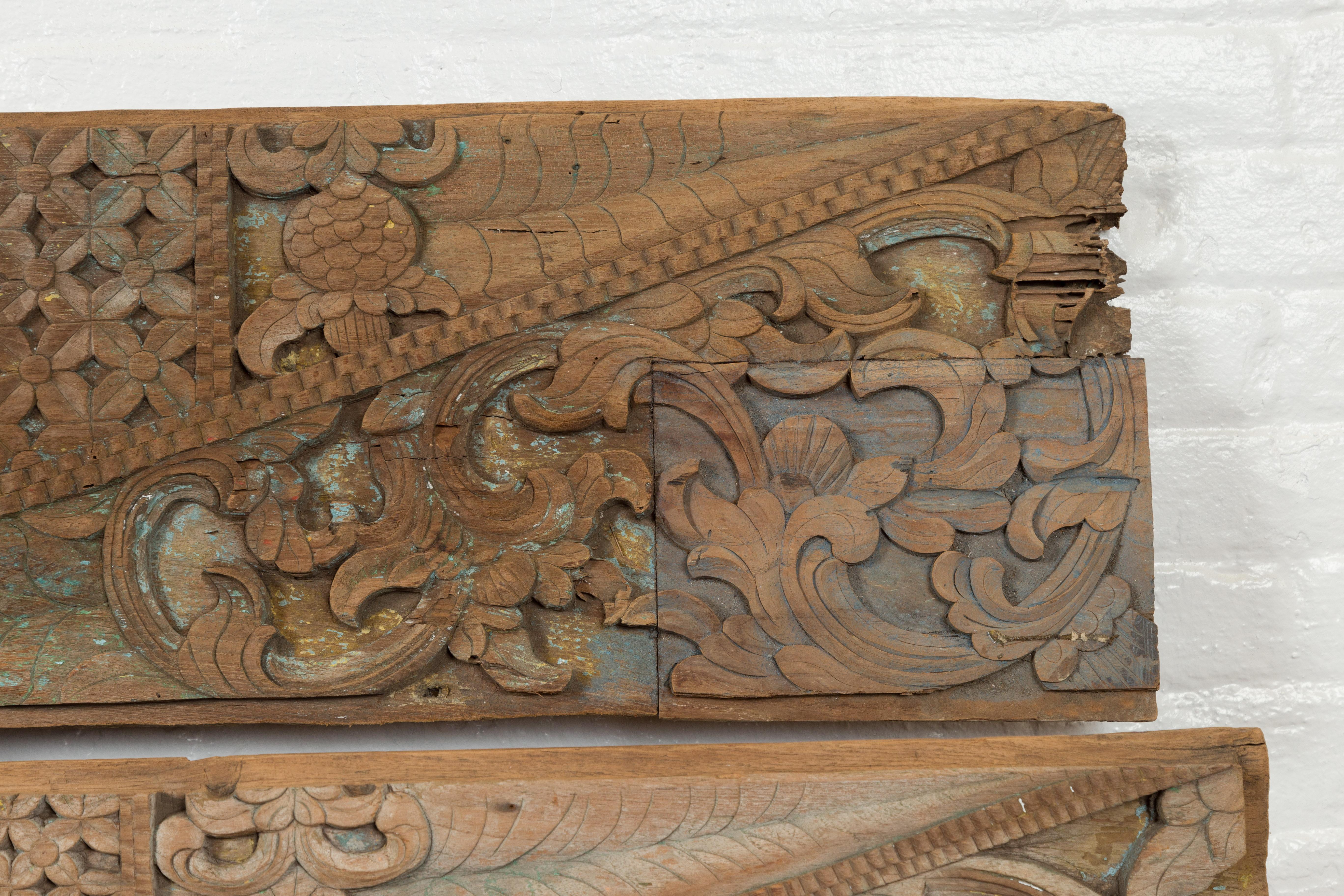 Pair of Indonesian Antique Carved Wood Overdoor Panels with Traces of Blue Paint For Sale 3