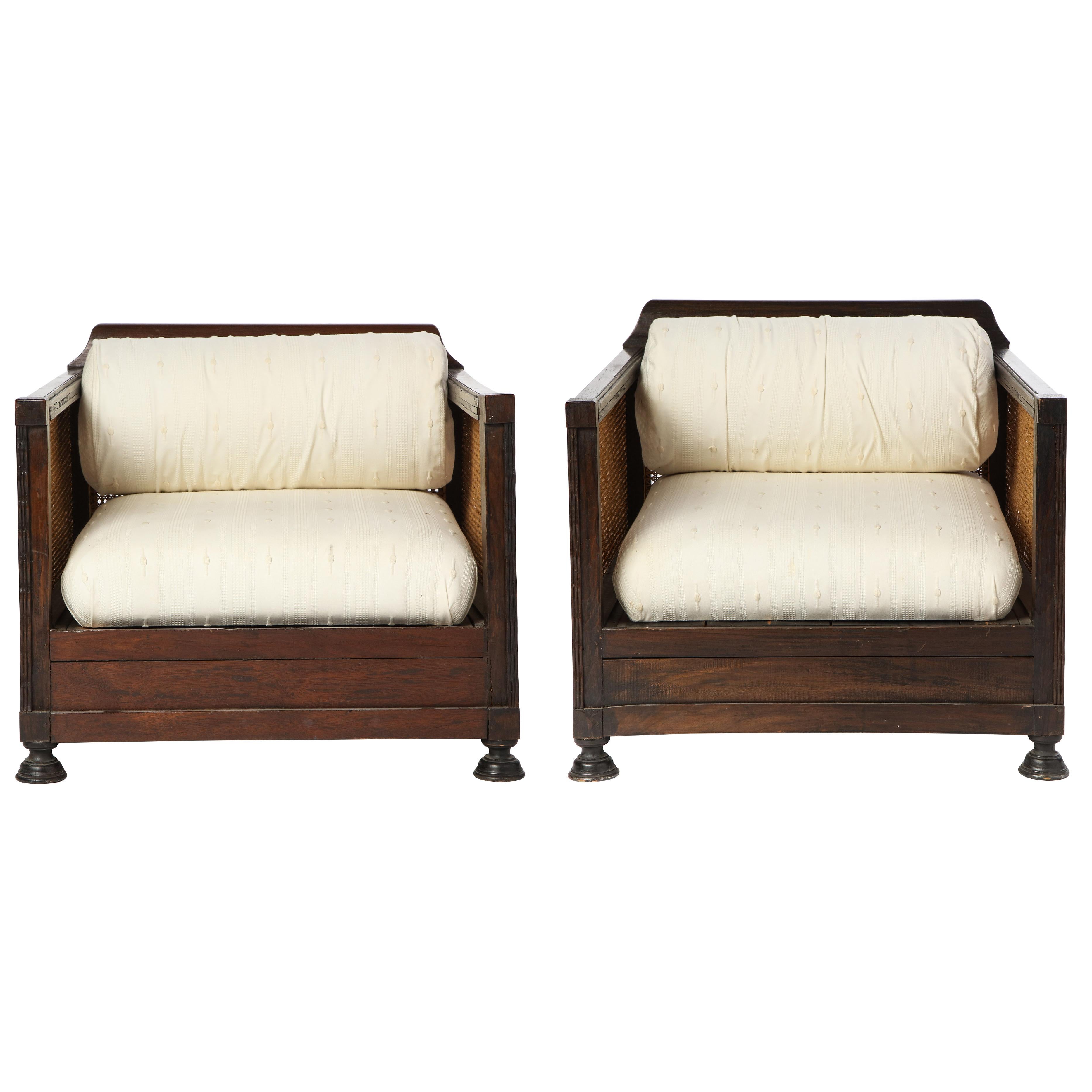 Pair of Indonesian 'Art Deco' Wood and Caned Armchairs, 20th Century