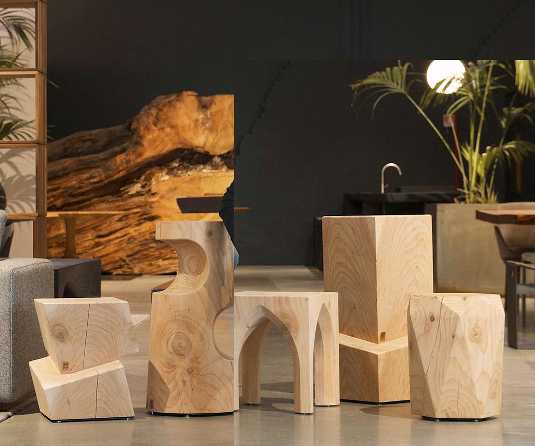 Hand-Crafted Pair of Indoor/Outdoor Barstools Carved from a Single Block of Scented Cedarwood For Sale