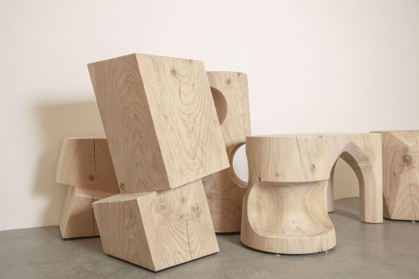 Pair of Indoor/Outdoor Barstools Carved from a Single Block of Scented Cedarwood In New Condition For Sale In NEW YORK, NY