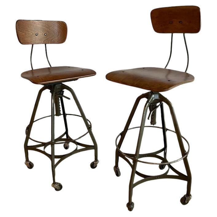 Pair Of Industrial Adjustable Drafting Stools By Toledo Metal Furniture Co.