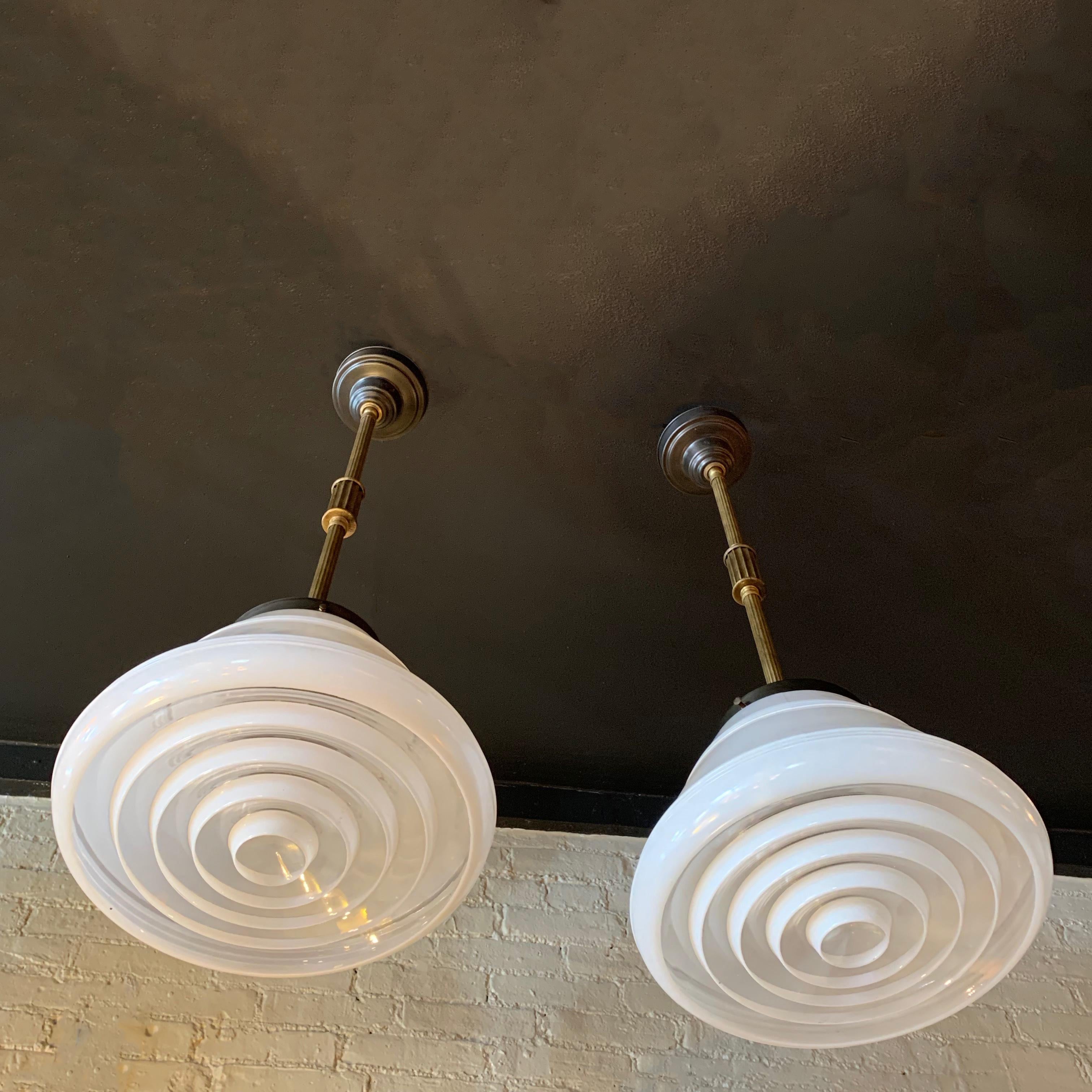 Industrial Art Deco Milk Glass Cone Pharmacy Pendant Light In Good Condition In Brooklyn, NY