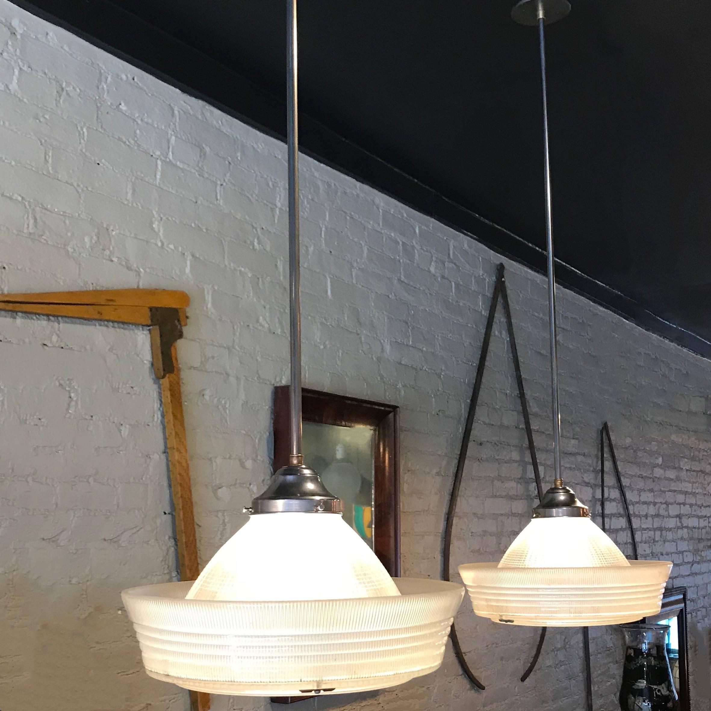 Pair of Industrial Brimmed Dome Prismatic Holophane Pendant Lights In Excellent Condition In Brooklyn, NY