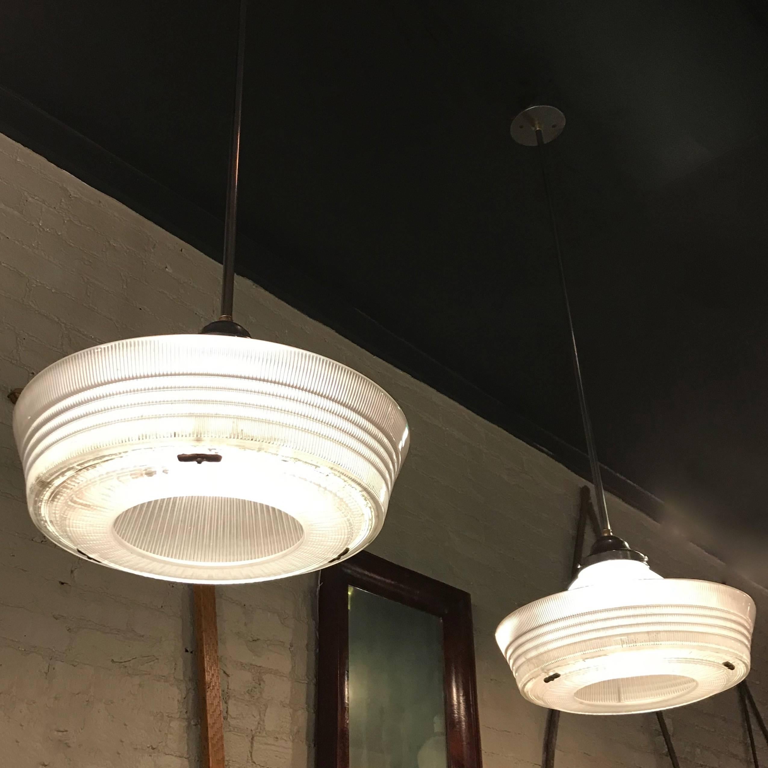 Pair of Industrial Brimmed Dome Prismatic Holophane Pendant Lights 2