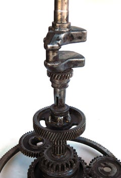 Pair of Industrial Cast Iron Gear Wheel Tables with Circular Glass Tops