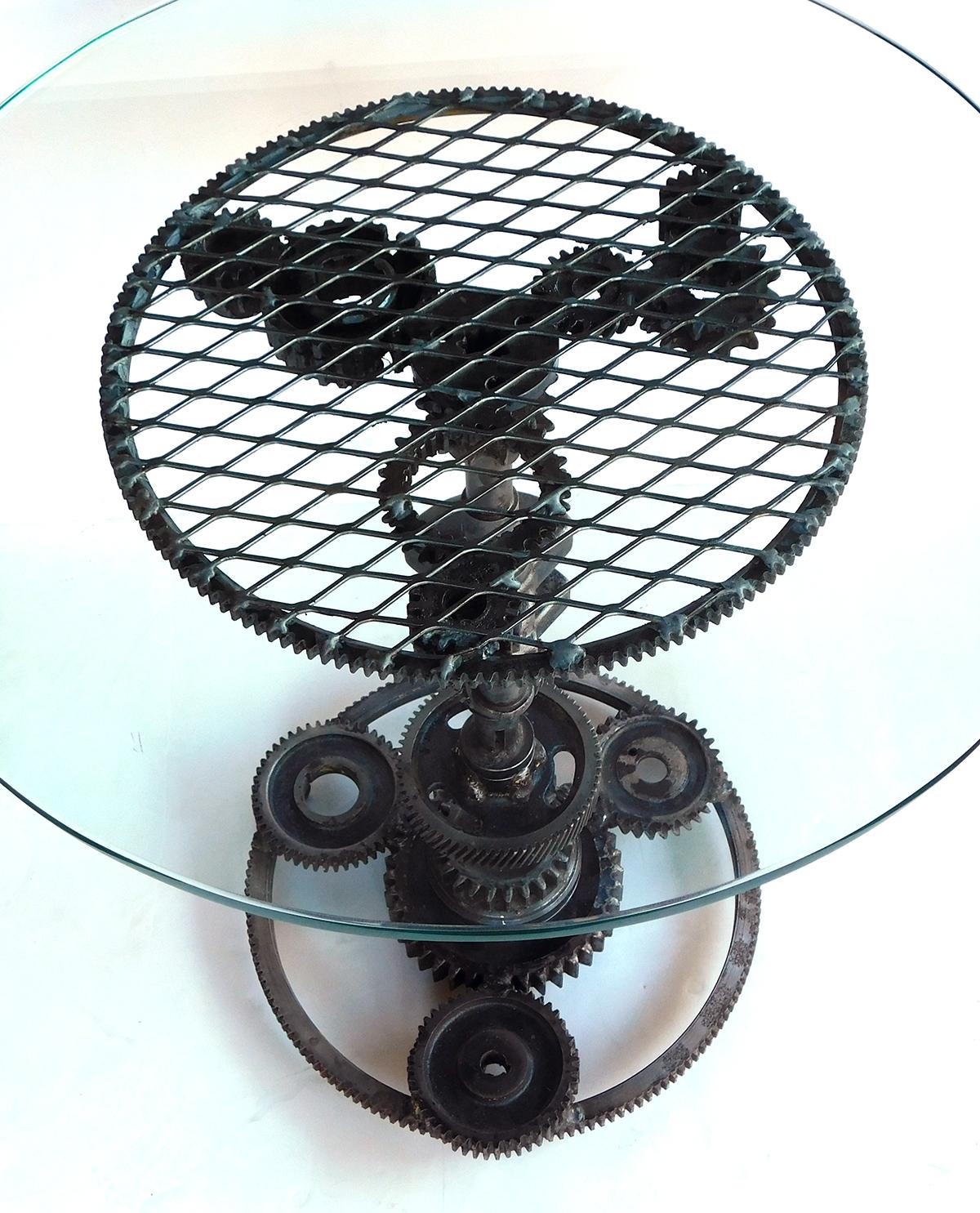 Pair of Industrial Cast Iron Gear Wheel Tables with Circular Glass Tops For Sale 2