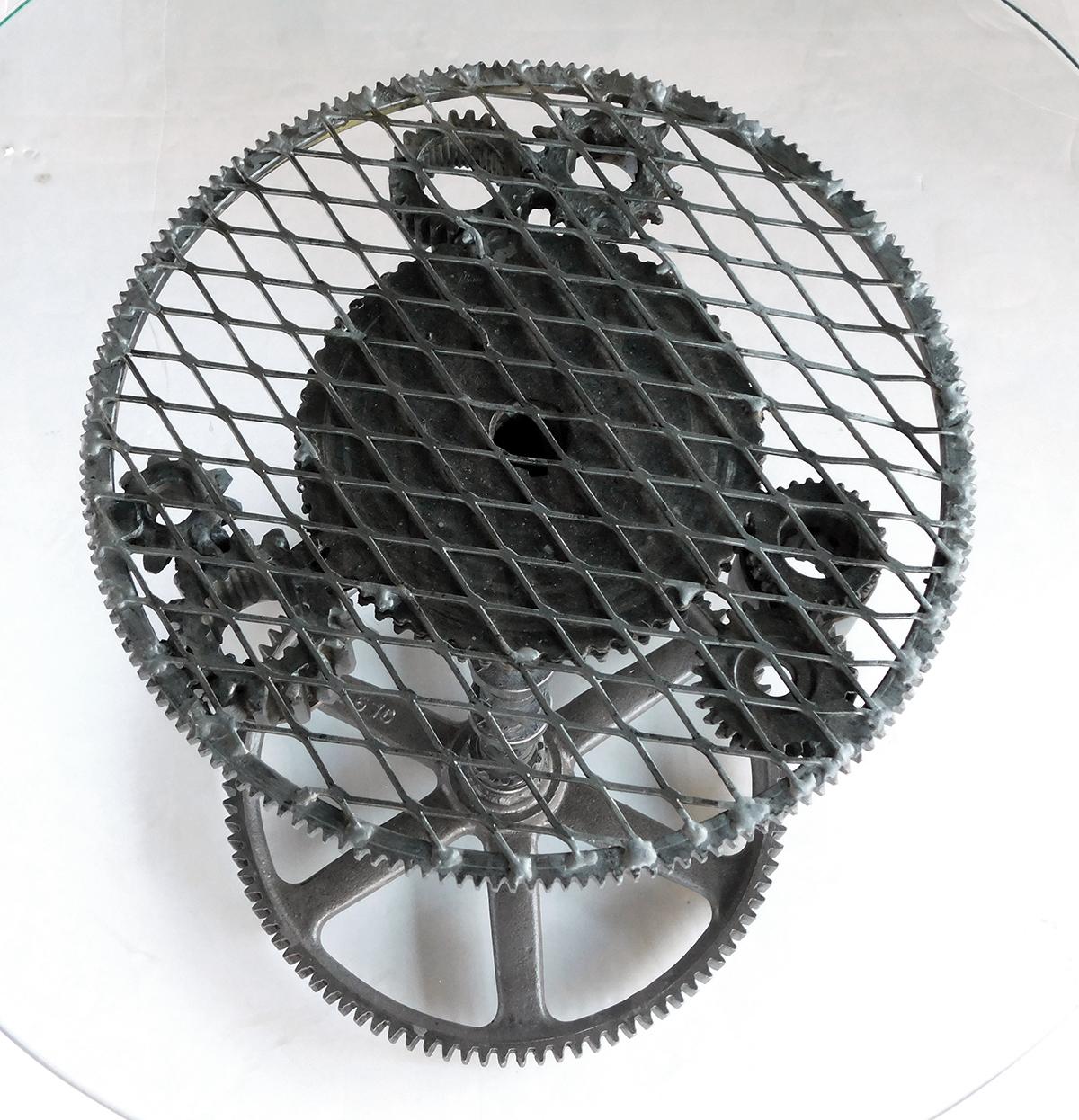 Pair of Industrial Cast Iron Gear Wheel Tables with Circular Glass Tops For Sale 3