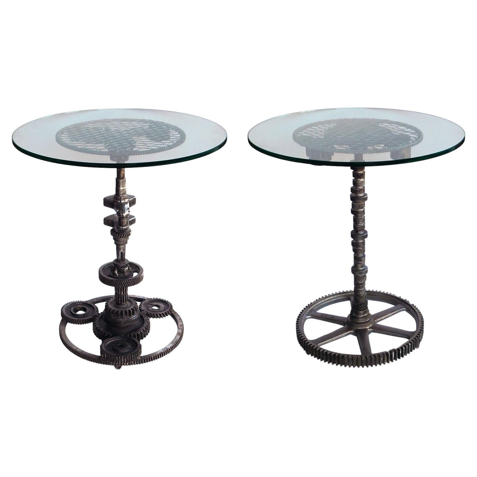 Pair of Industrial Cast Iron Gear Wheel Tables with Circular Glass Tops For Sale