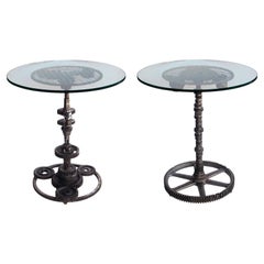 Pair of Industrial Cast Iron Gear Wheel Tables with Circular Glass Tops