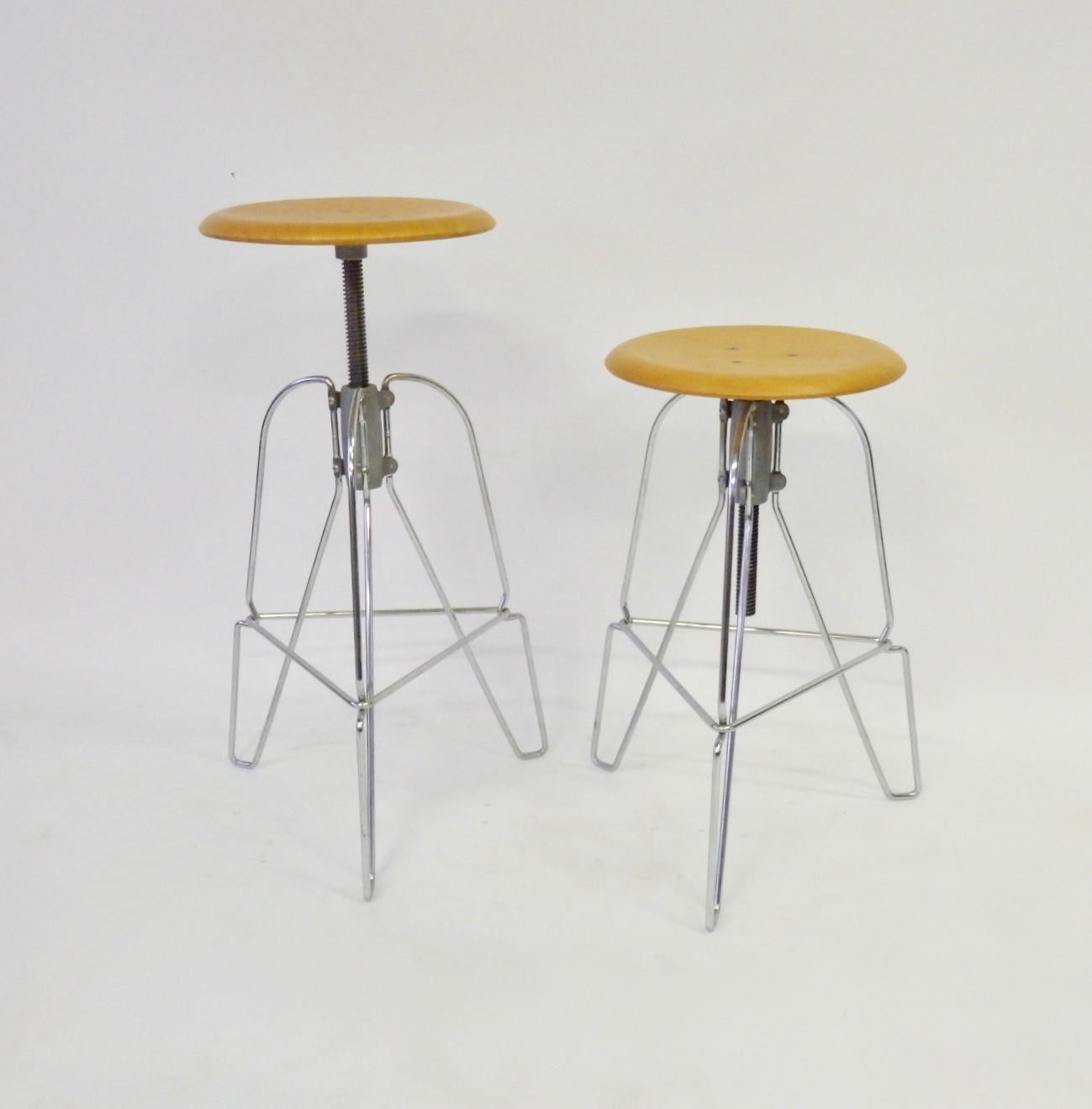 American Pair of Industrial Chic Steel and Wood Adjustable Bar Stools