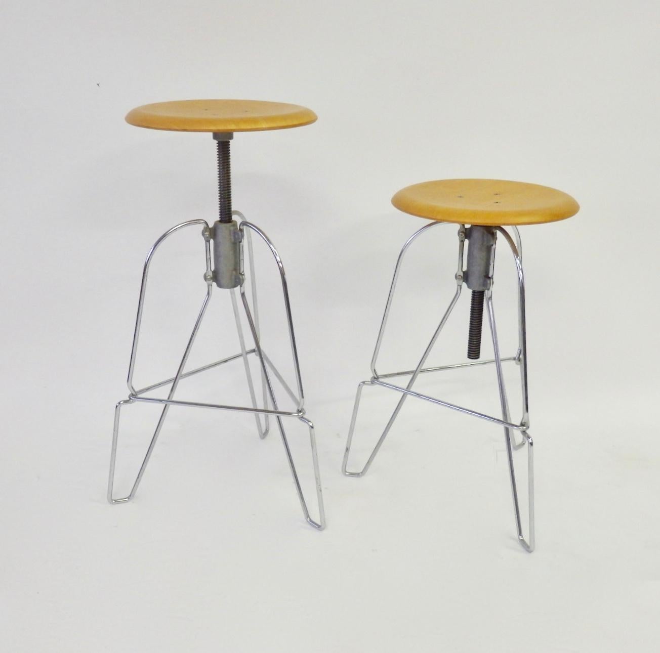 Pair of Industrial Chic Steel and Wood Adjustable Bar Stools In Excellent Condition In Ferndale, MI