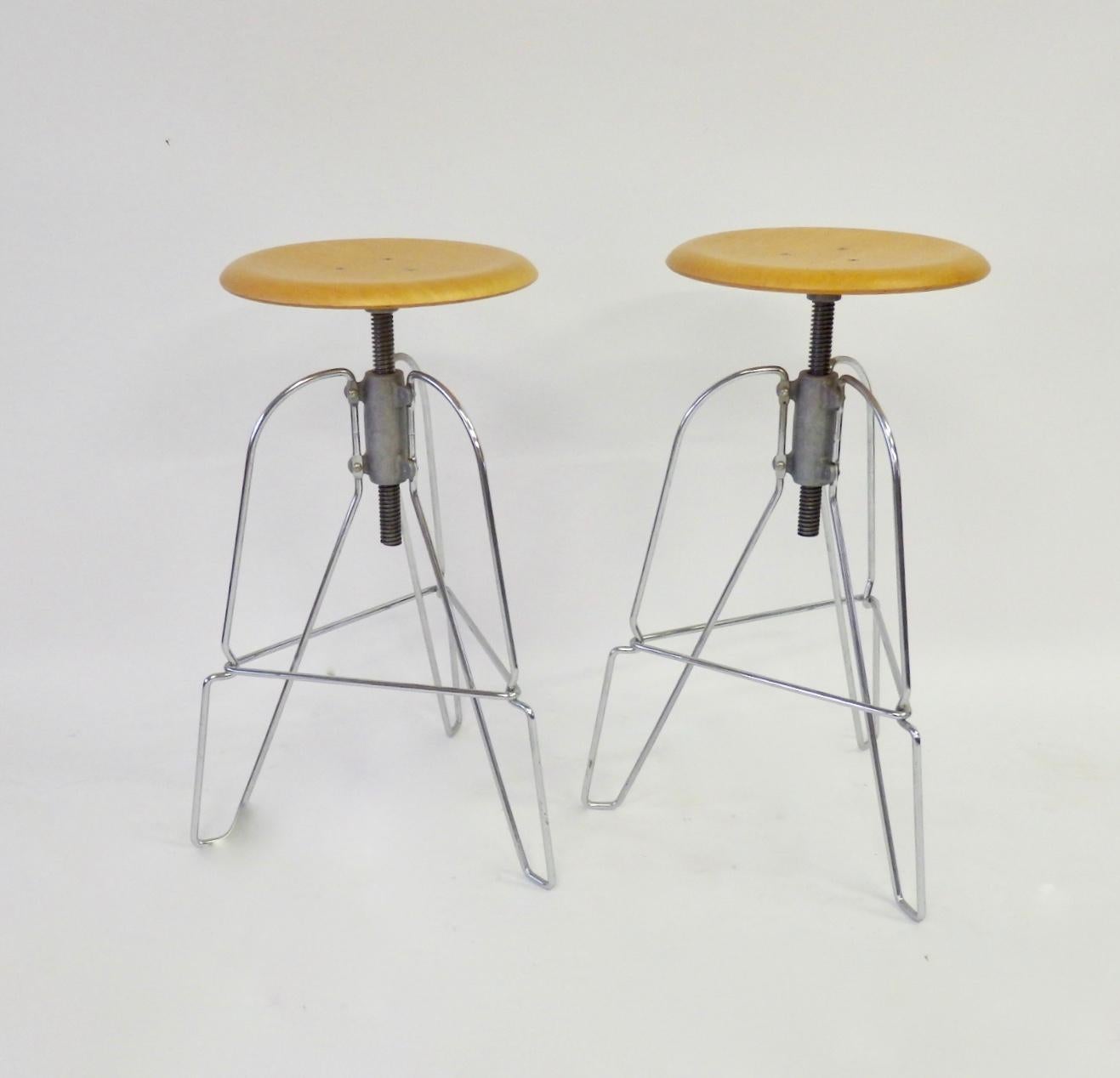 Bentwood Pair of Industrial Chic Steel and Wood Adjustable Bar Stools