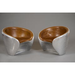 Pair of Industrial Egg Chairs in Aluminum and Leather, France 1970's