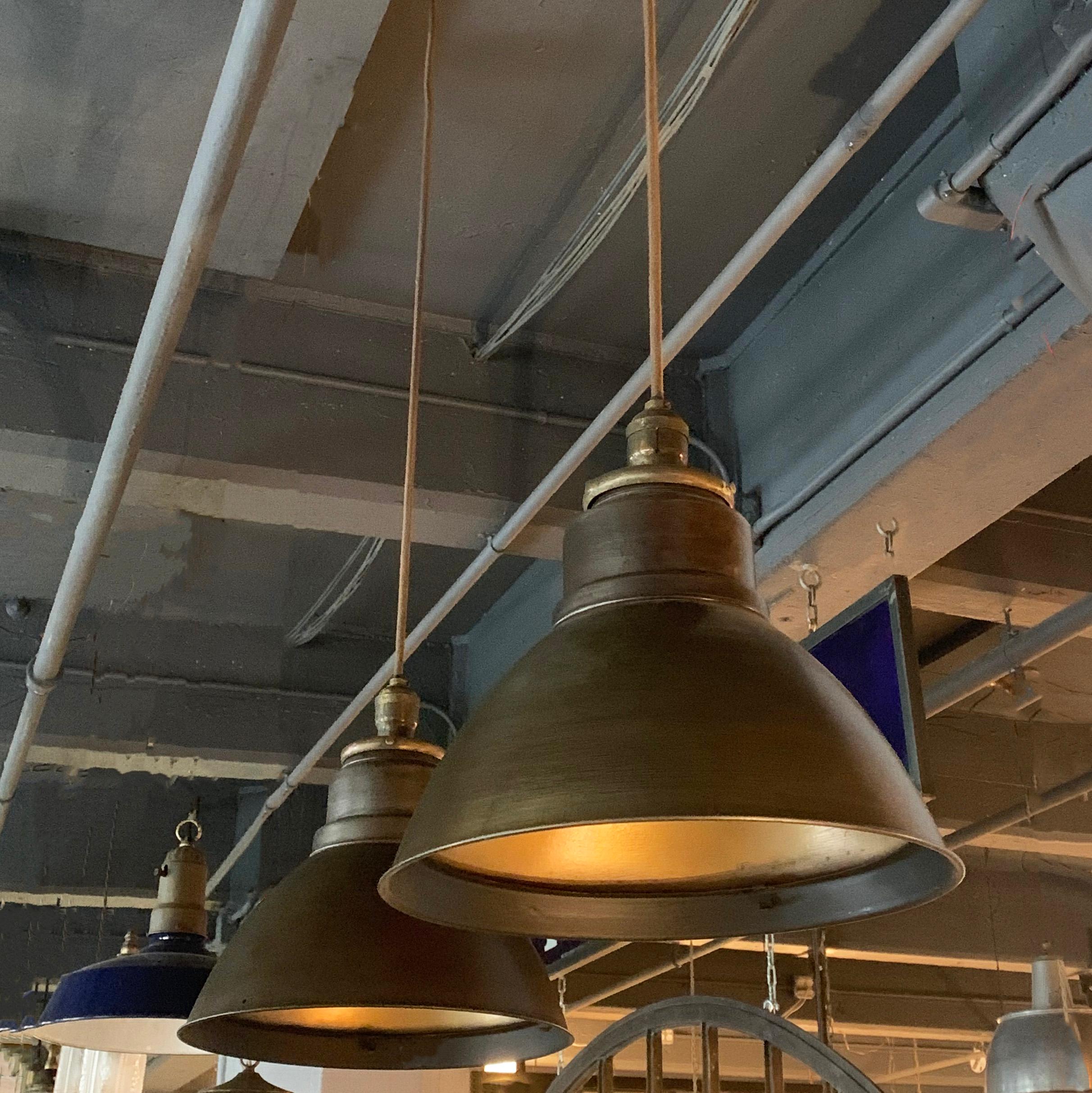 Pair of Industrial Factory Gunmetal Dome Pendant Lights In Good Condition In Brooklyn, NY