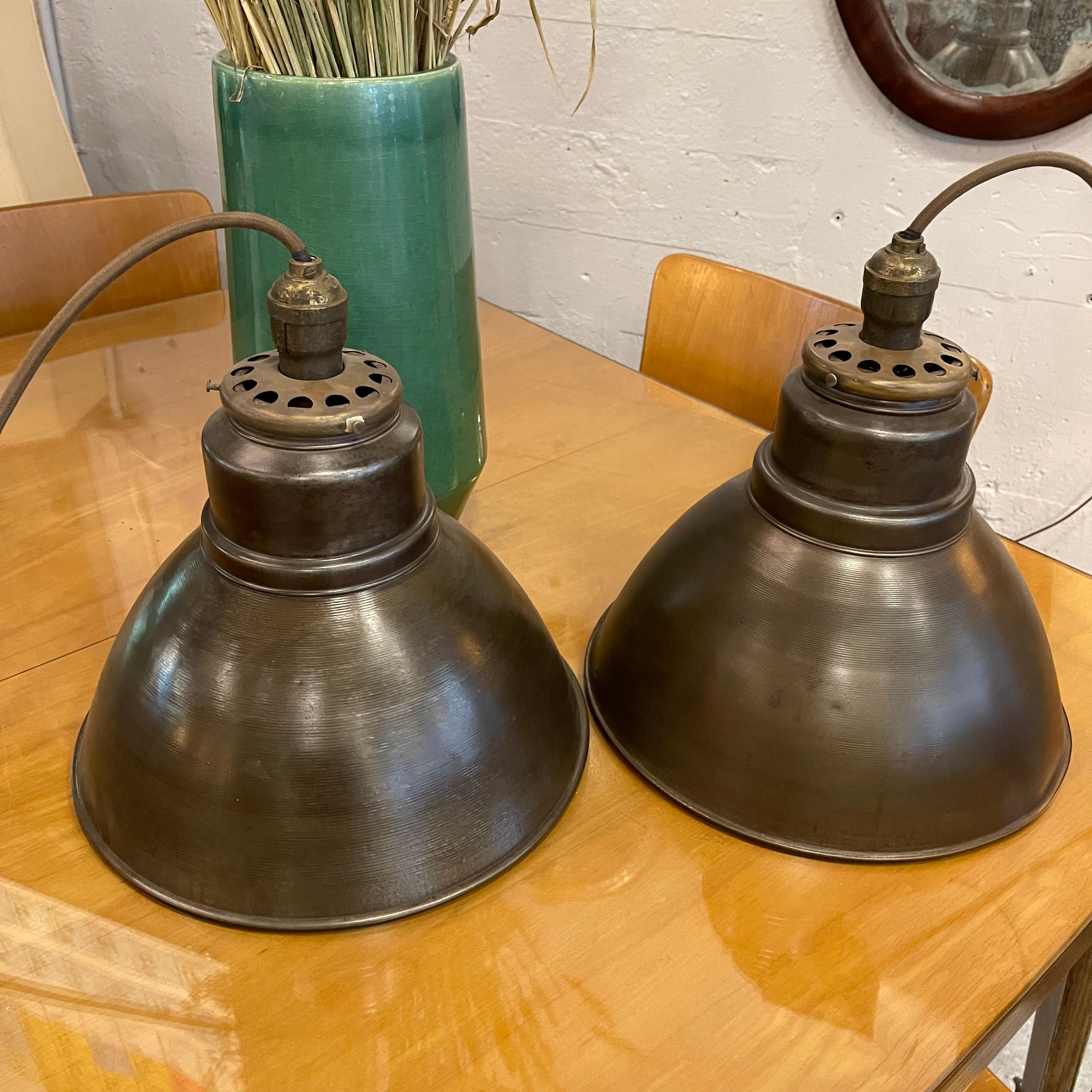 20th Century Pair of Industrial Factory Gunmetal Dome Pendant Lights