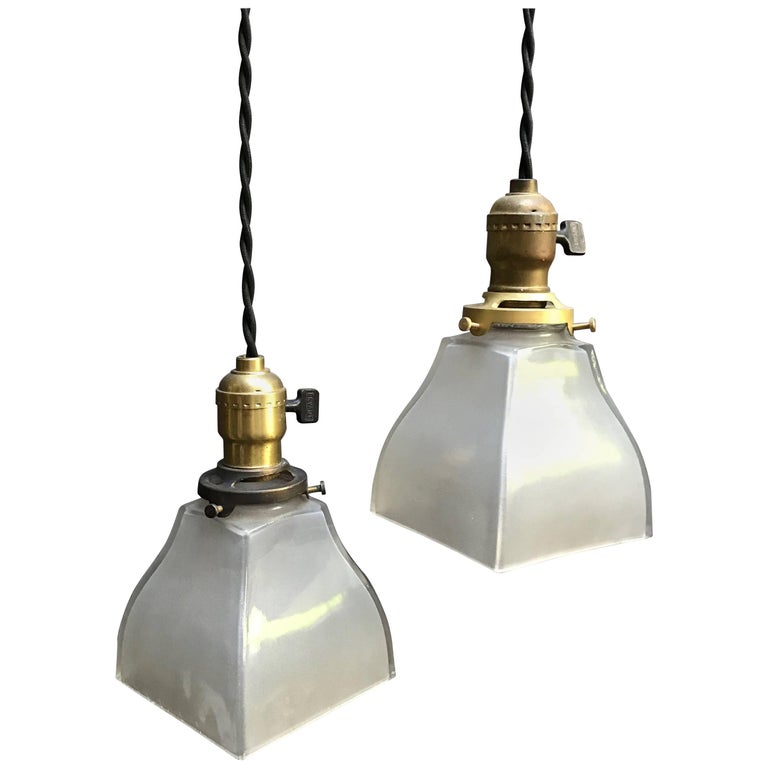 Pair of Industrial Frosted Glass and Brass Pendant Lights For Sale