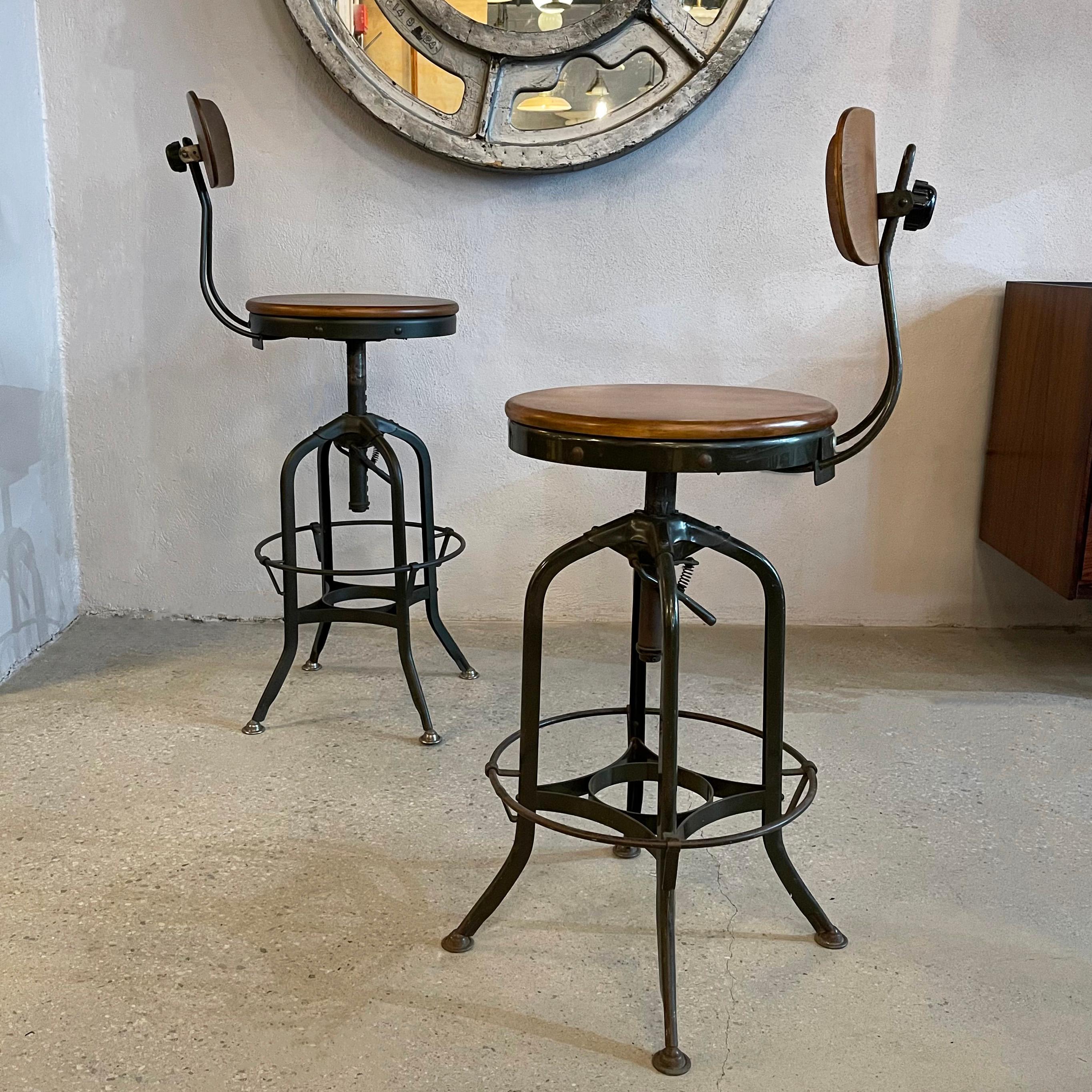 Pair Of Industrial Height Adjustable Swivel Toledo Stools In Good Condition In Brooklyn, NY