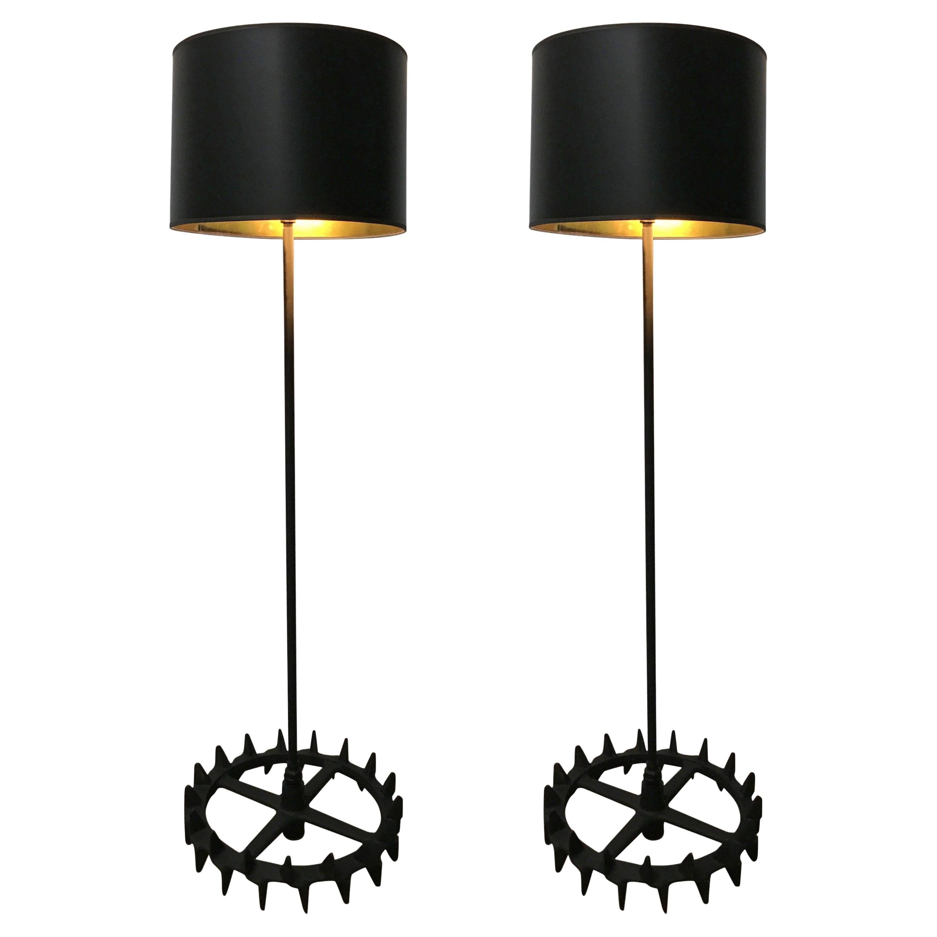 Pair of Industrial Iron Gear Floor Lamps