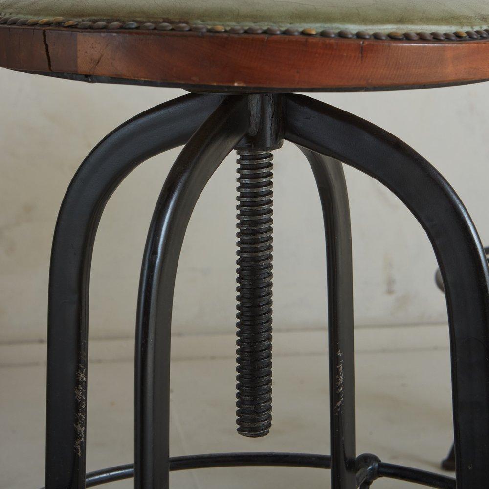 French Pair of Industrial Iron + Green Leather Studded Stools, France 1950s For Sale