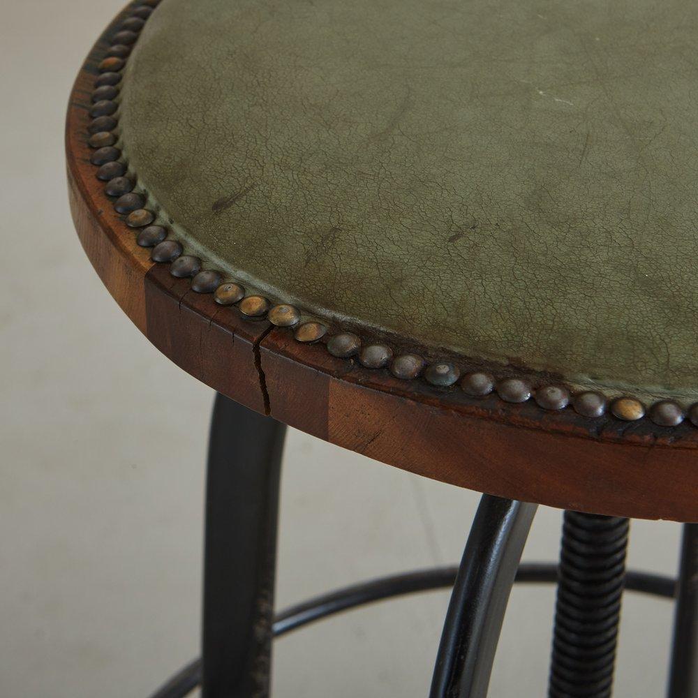 Pair of Industrial Iron + Green Leather Studded Stools, France 1950s In Good Condition For Sale In Chicago, IL
