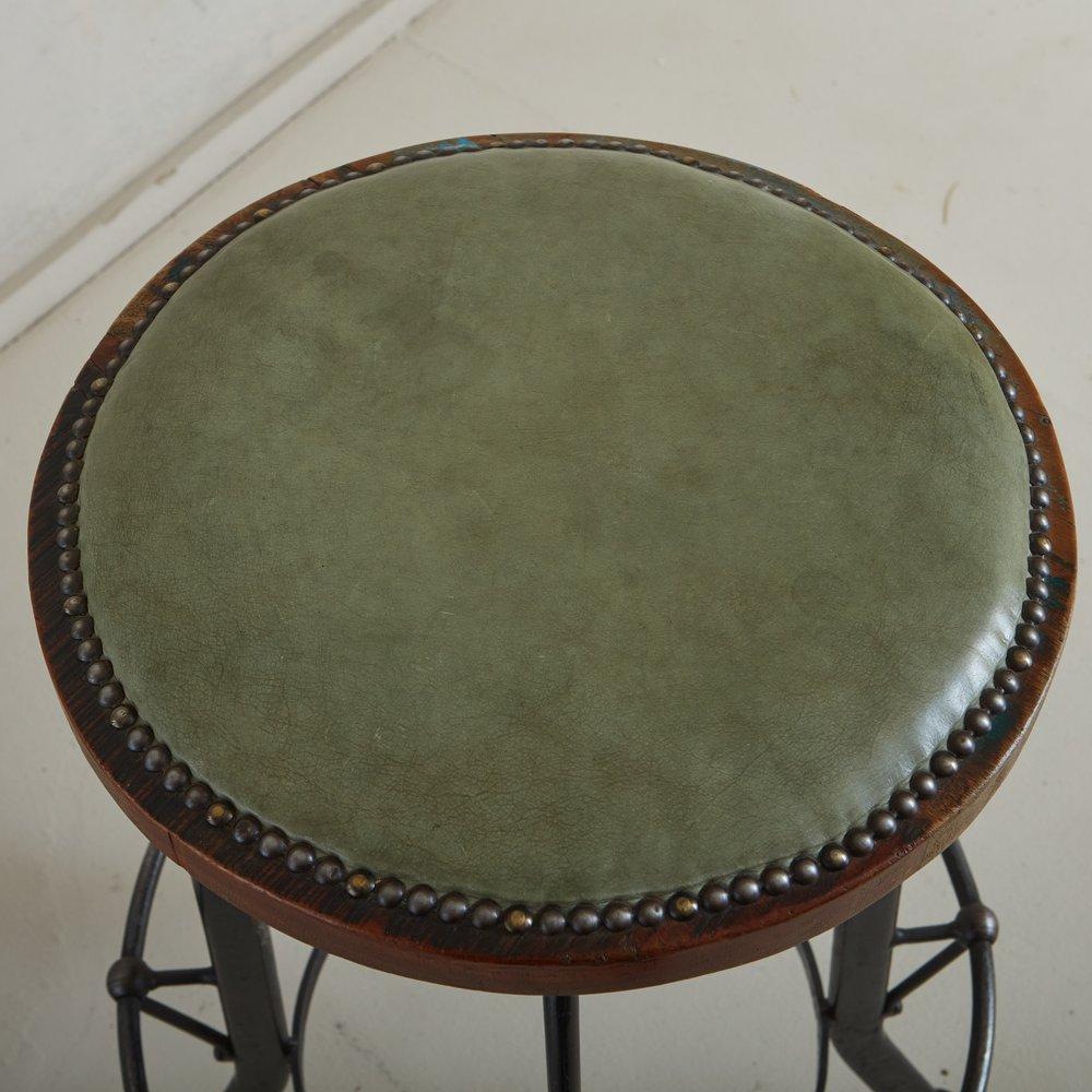 Mid-20th Century Pair of Industrial Iron + Green Leather Studded Stools, France 1950s For Sale