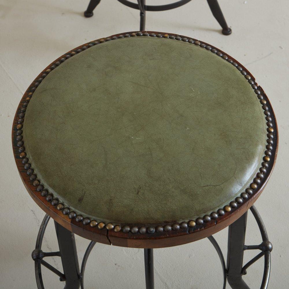 Pair of Industrial Iron + Green Leather Studded Stools, France 1950s For Sale 1