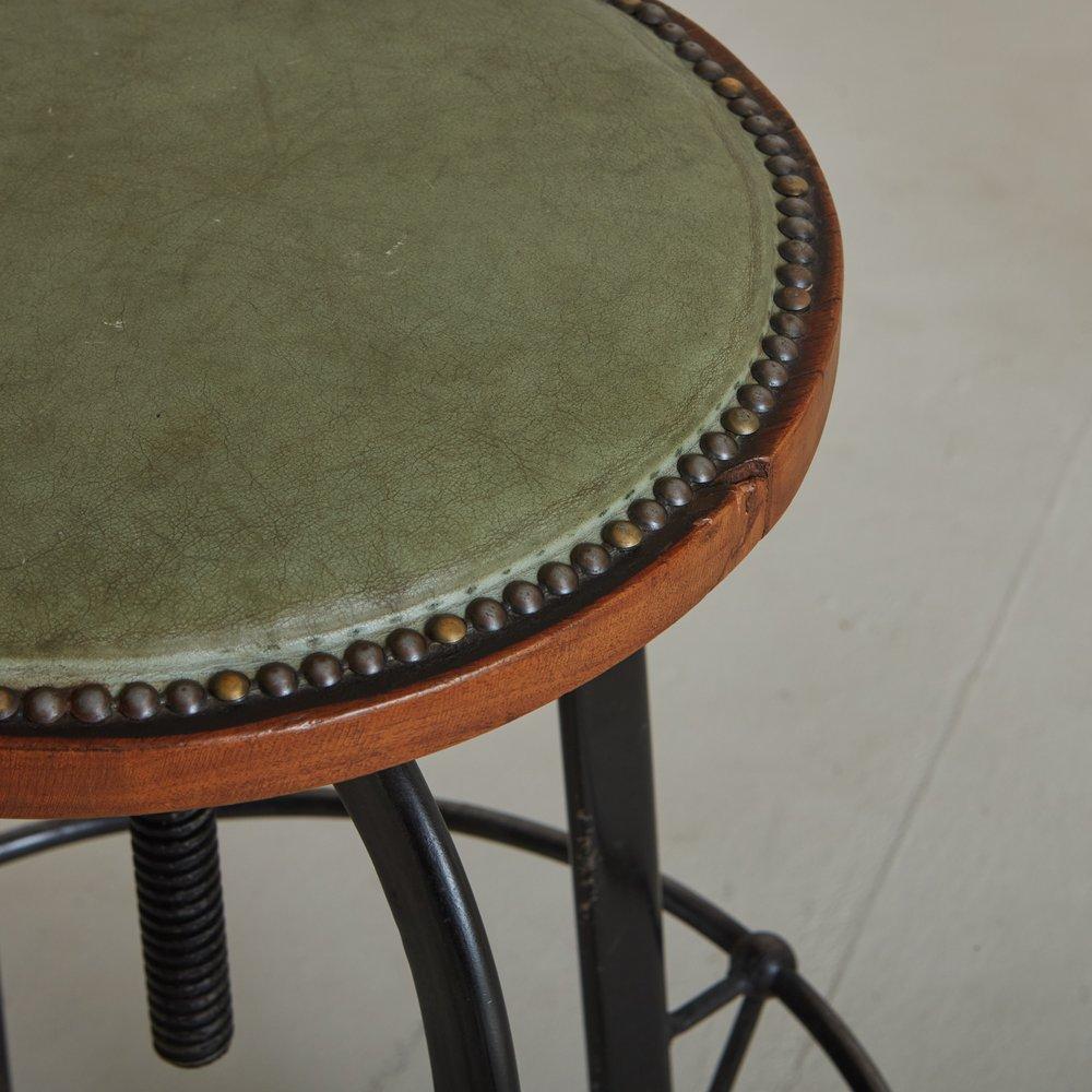 Pair of Industrial Iron + Green Leather Studded Stools, France 1950s For Sale 2