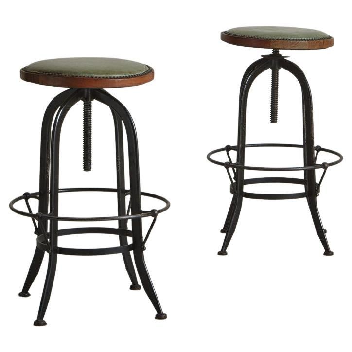 Pair of Industrial Iron + Green Leather Studded Stools, France 1950s For Sale